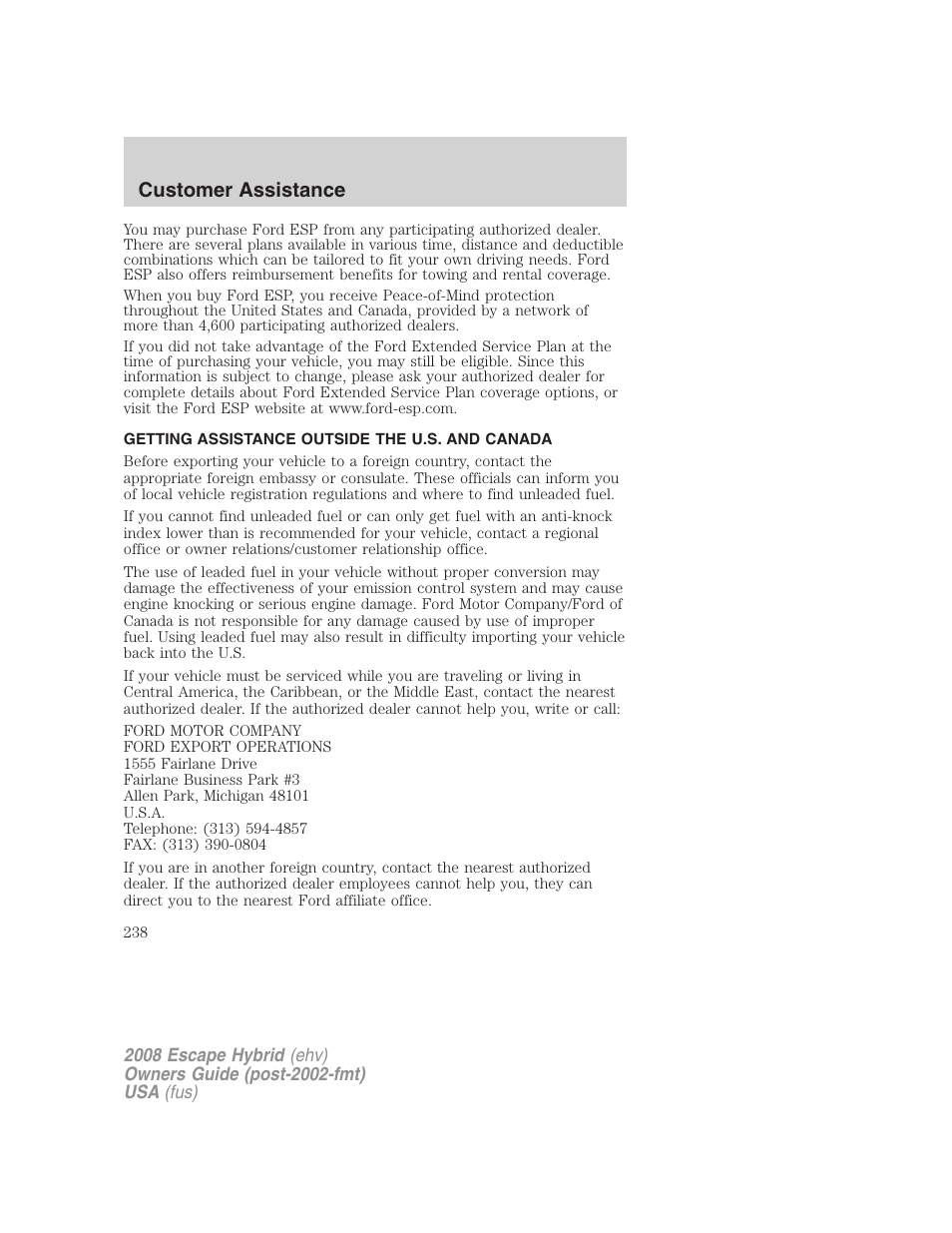 Getting assistance outside the u.s. and canada, Customer assistance | FORD 2008 Escape Hybrid v.1 User Manual | Page 238 / 312
