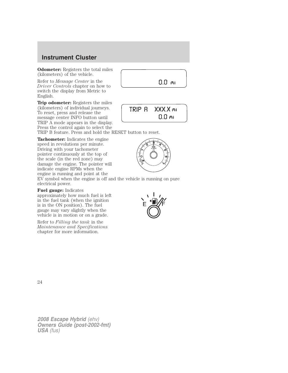 Instrument cluster | FORD 2008 Escape Hybrid v.1 User Manual | Page 24 / 312