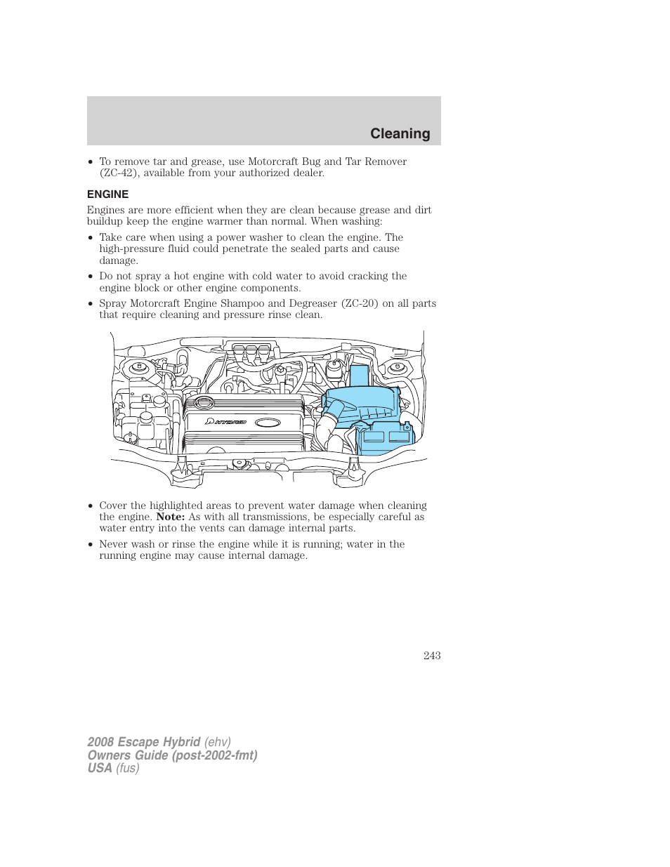 Engine, Cleaning | FORD 2008 Escape Hybrid v.1 User Manual | Page 243 / 312
