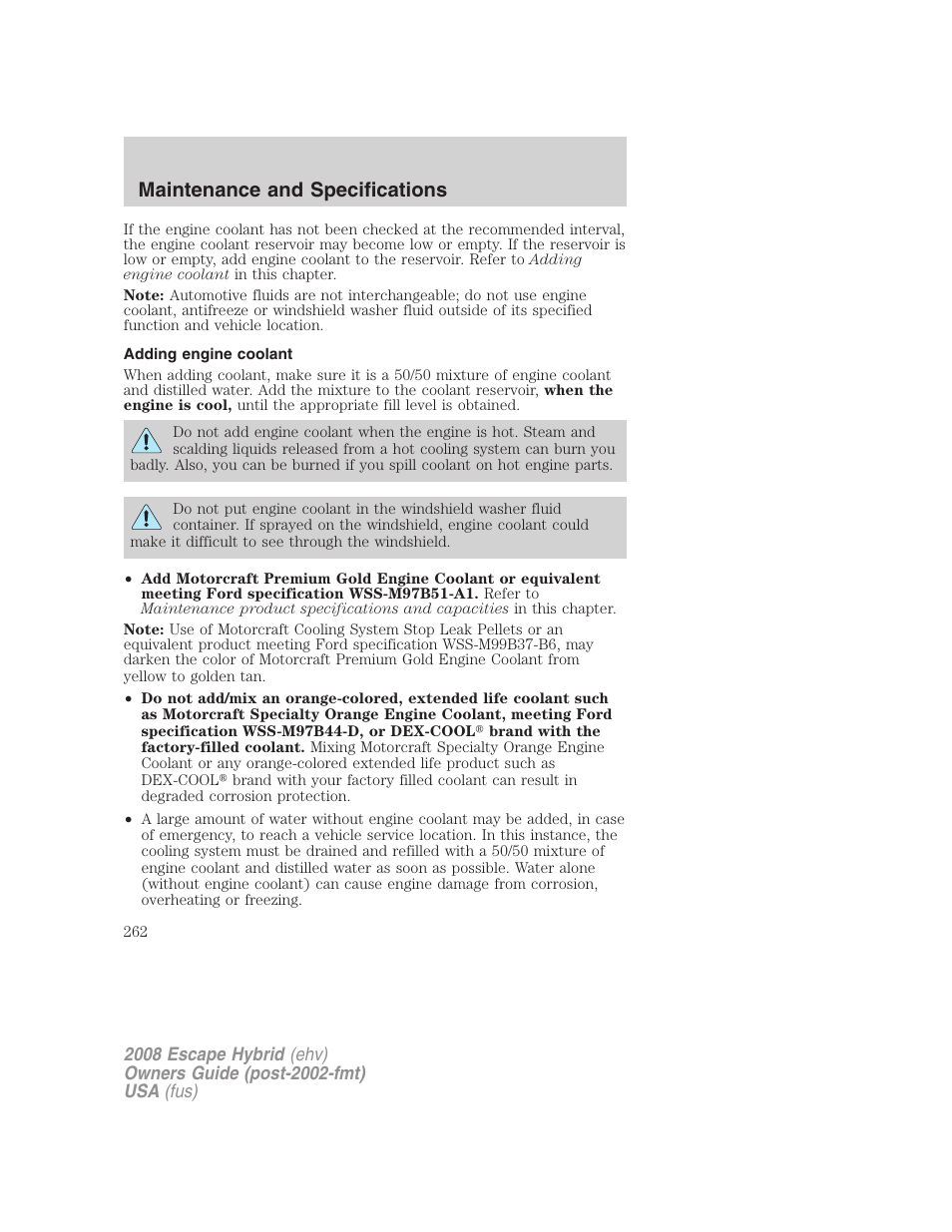 Adding engine coolant, Maintenance and specifications | FORD 2008 Escape Hybrid v.1 User Manual | Page 262 / 312