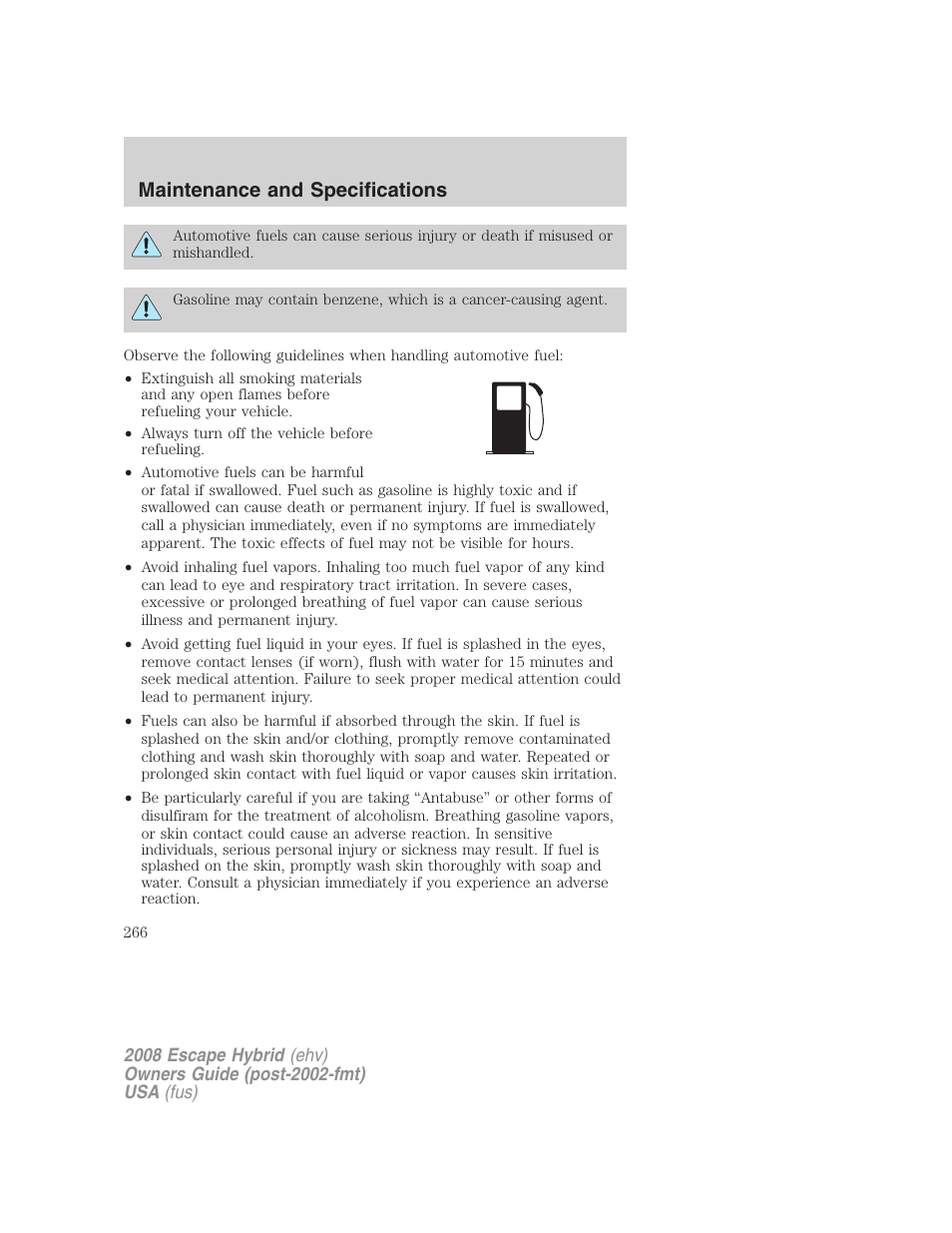 Maintenance and specifications | FORD 2008 Escape Hybrid v.1 User Manual | Page 266 / 312