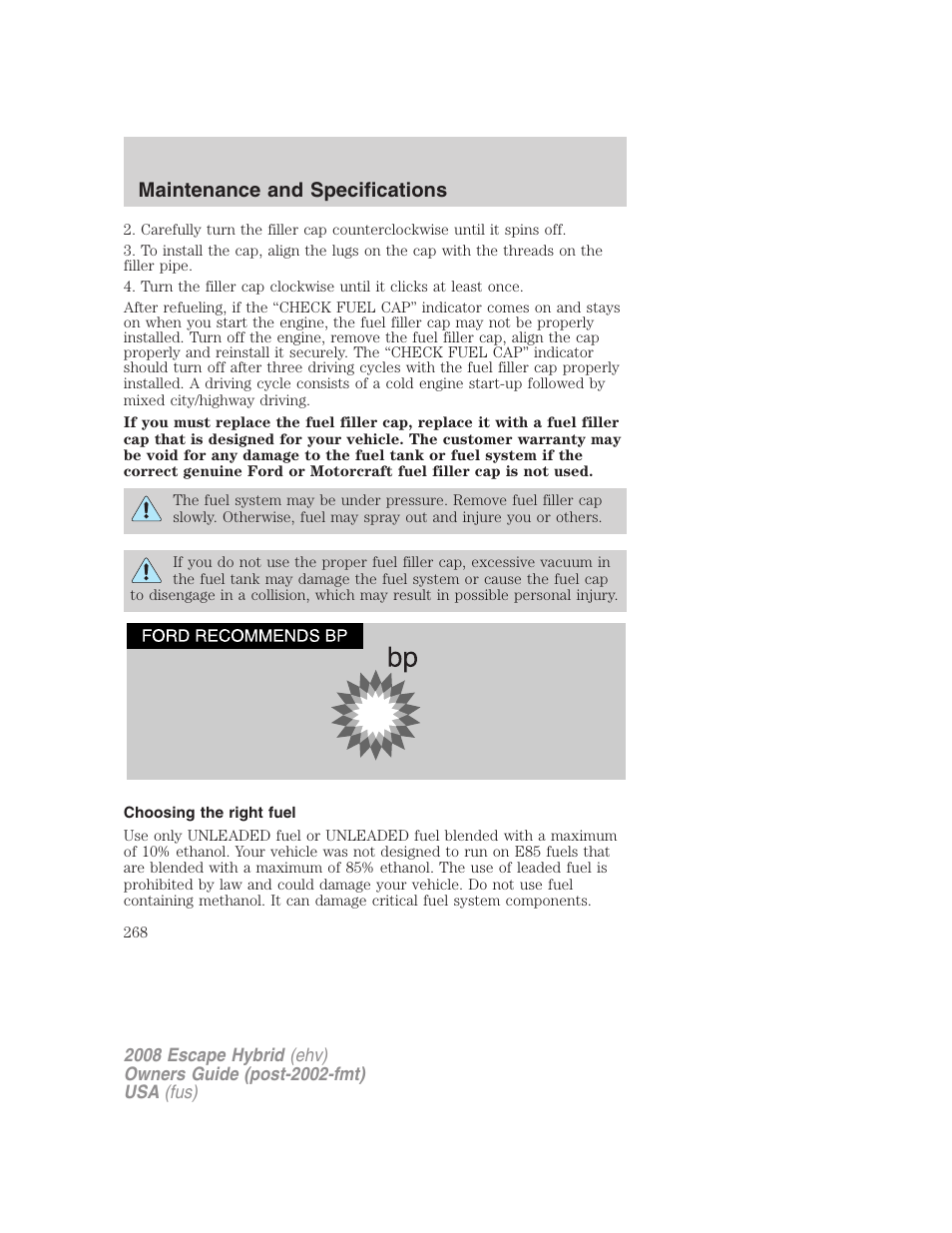 Choosing the right fuel, Maintenance and specifications | FORD 2008 Escape Hybrid v.1 User Manual | Page 268 / 312