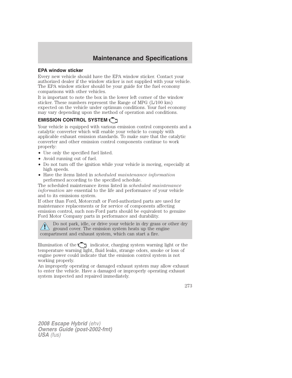 Epa window sticker, Emission control system, Maintenance and specifications | FORD 2008 Escape Hybrid v.1 User Manual | Page 273 / 312