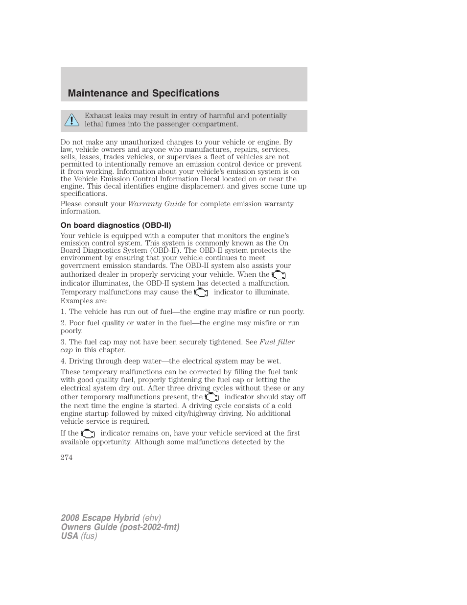On board diagnostics (obd-ii), Maintenance and specifications | FORD 2008 Escape Hybrid v.1 User Manual | Page 274 / 312
