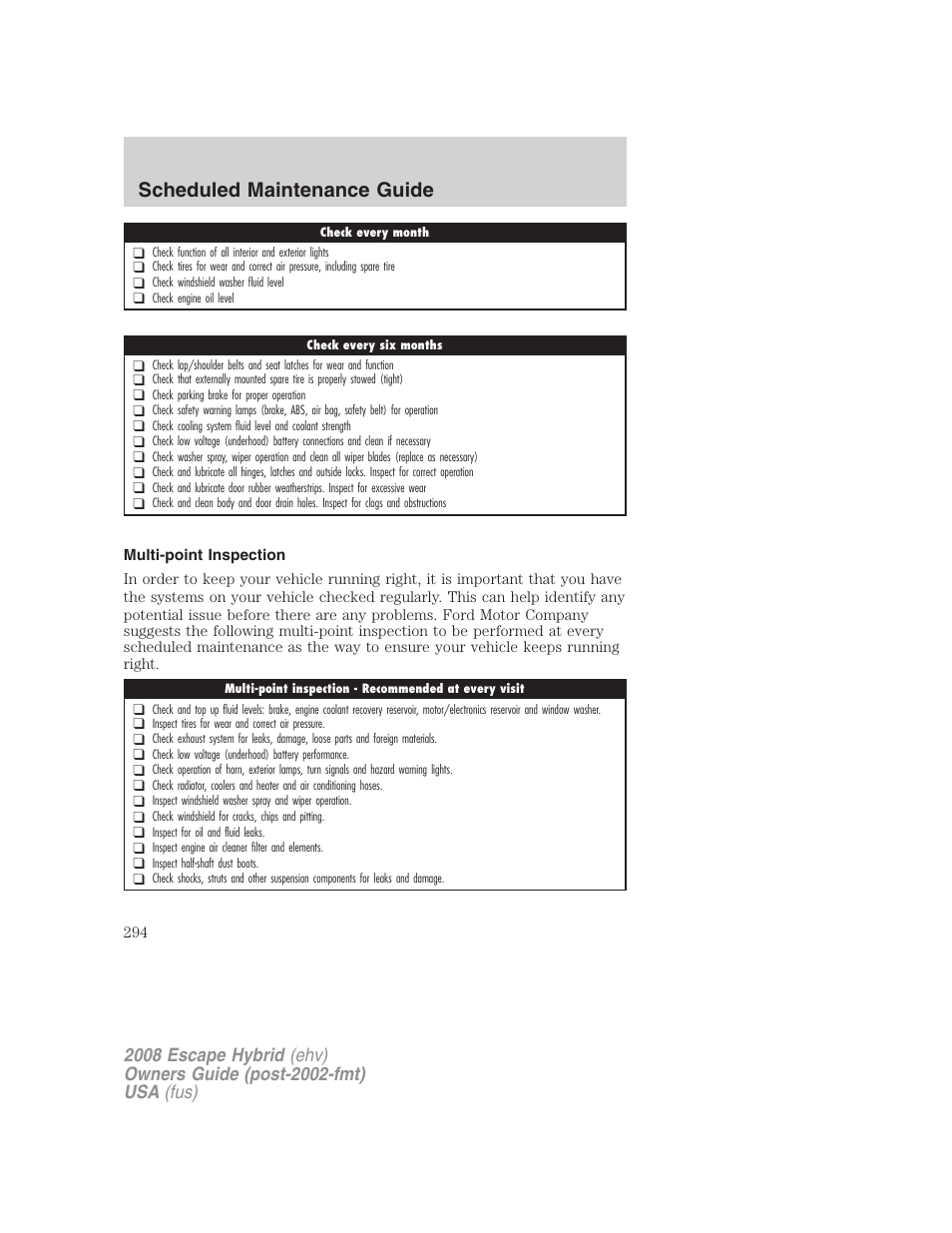Multi-point inspection, Scheduled maintenance guide | FORD 2008 Escape Hybrid v.1 User Manual | Page 294 / 312