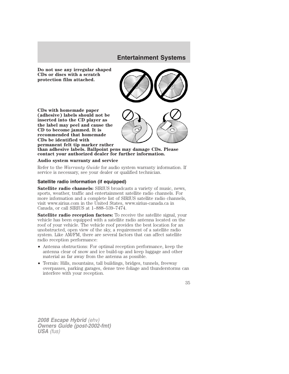 Satellite radio information (if equipped), Satellite radio information, Entertainment systems | FORD 2008 Escape Hybrid v.1 User Manual | Page 35 / 312
