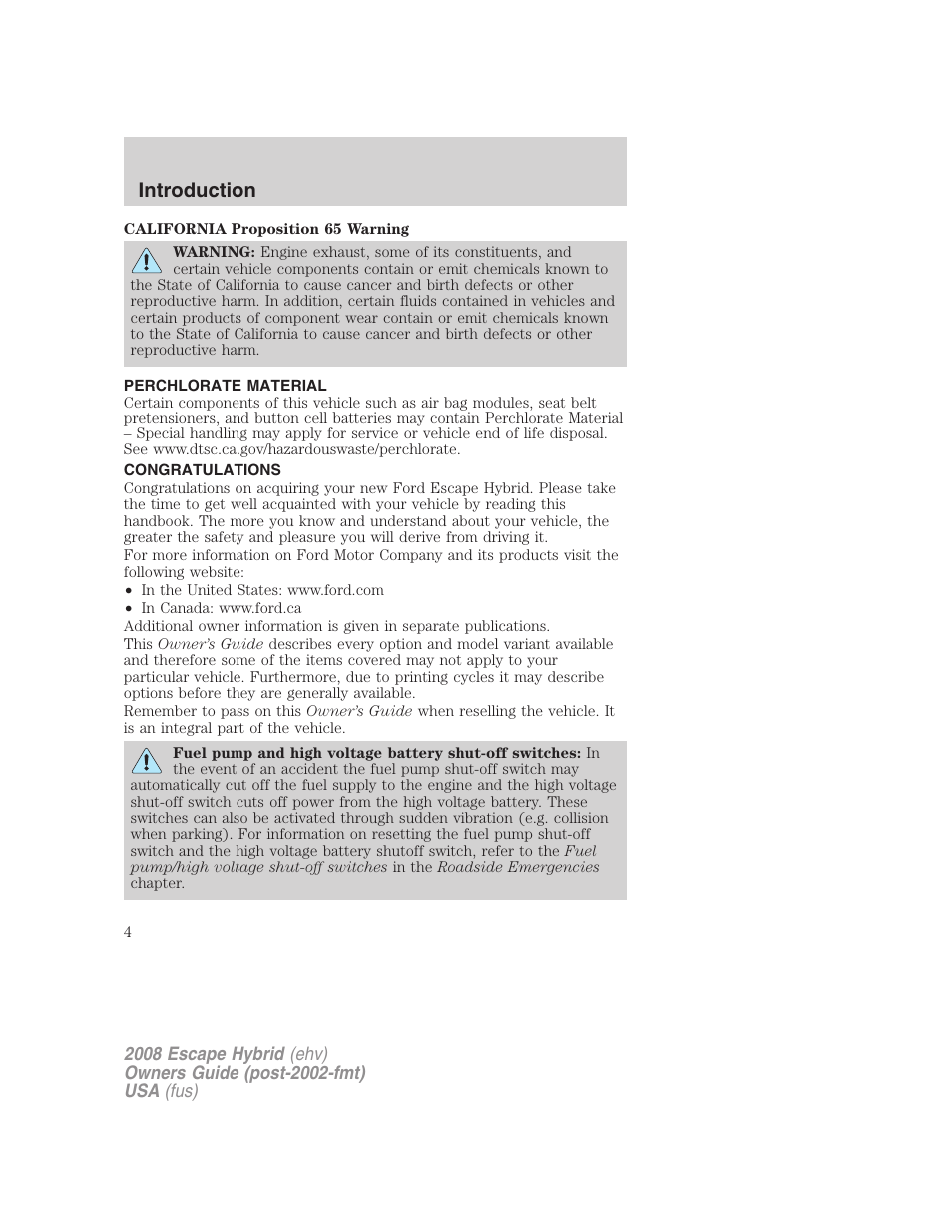 Introduction, Perchlorate material, Congratulations | FORD 2008 Escape Hybrid v.1 User Manual | Page 4 / 312