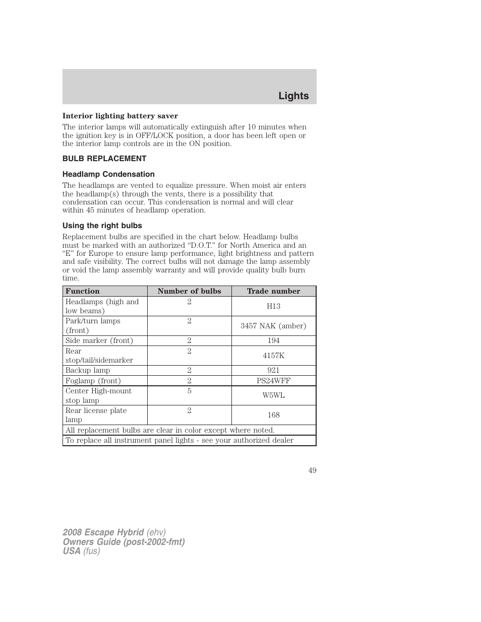 Bulb replacement, Headlamp condensation, Using the right bulbs | Lights | FORD 2008 Escape Hybrid v.1 User Manual | Page 49 / 312