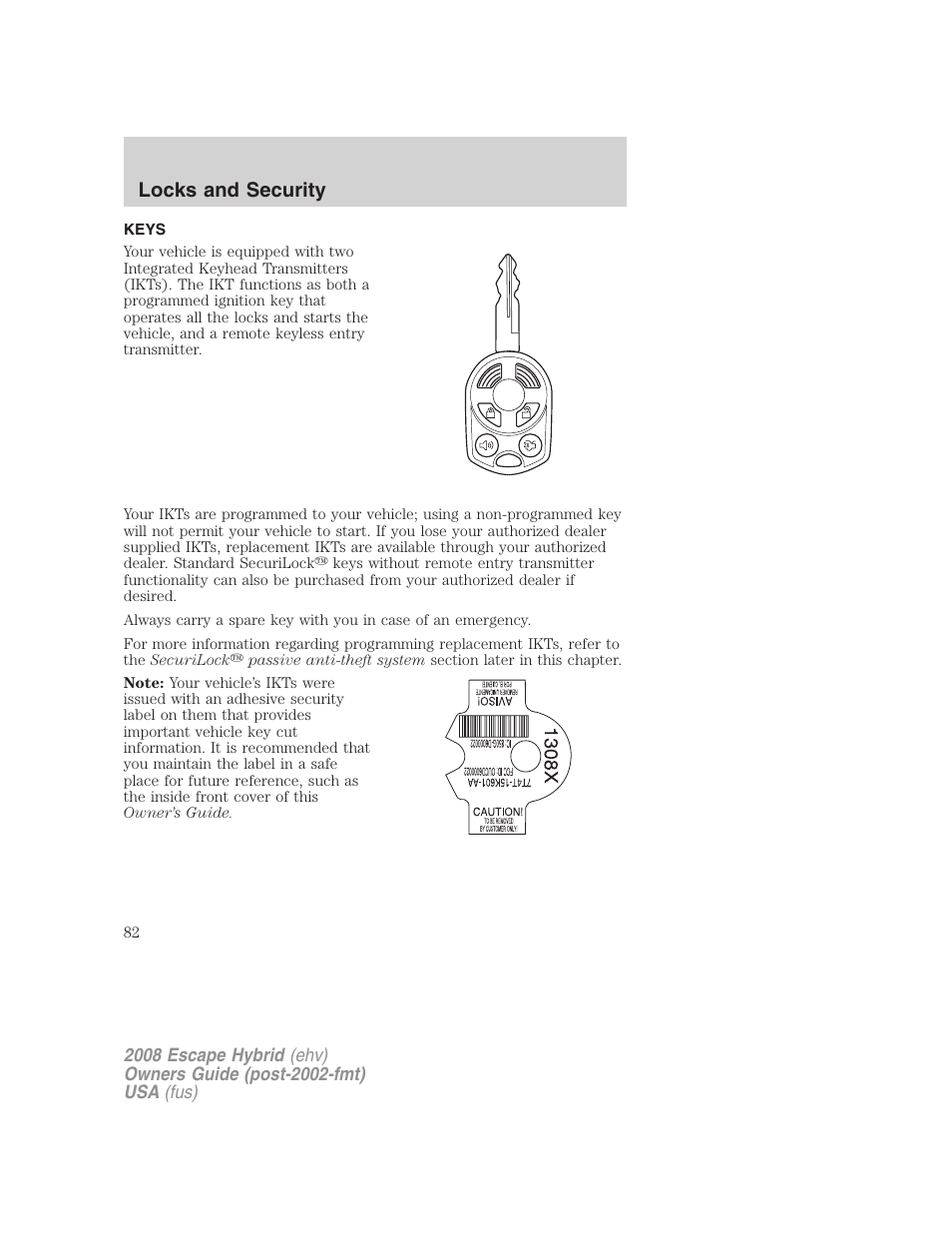 Locks and security, Keys | FORD 2008 Escape Hybrid v.1 User Manual | Page 82 / 312