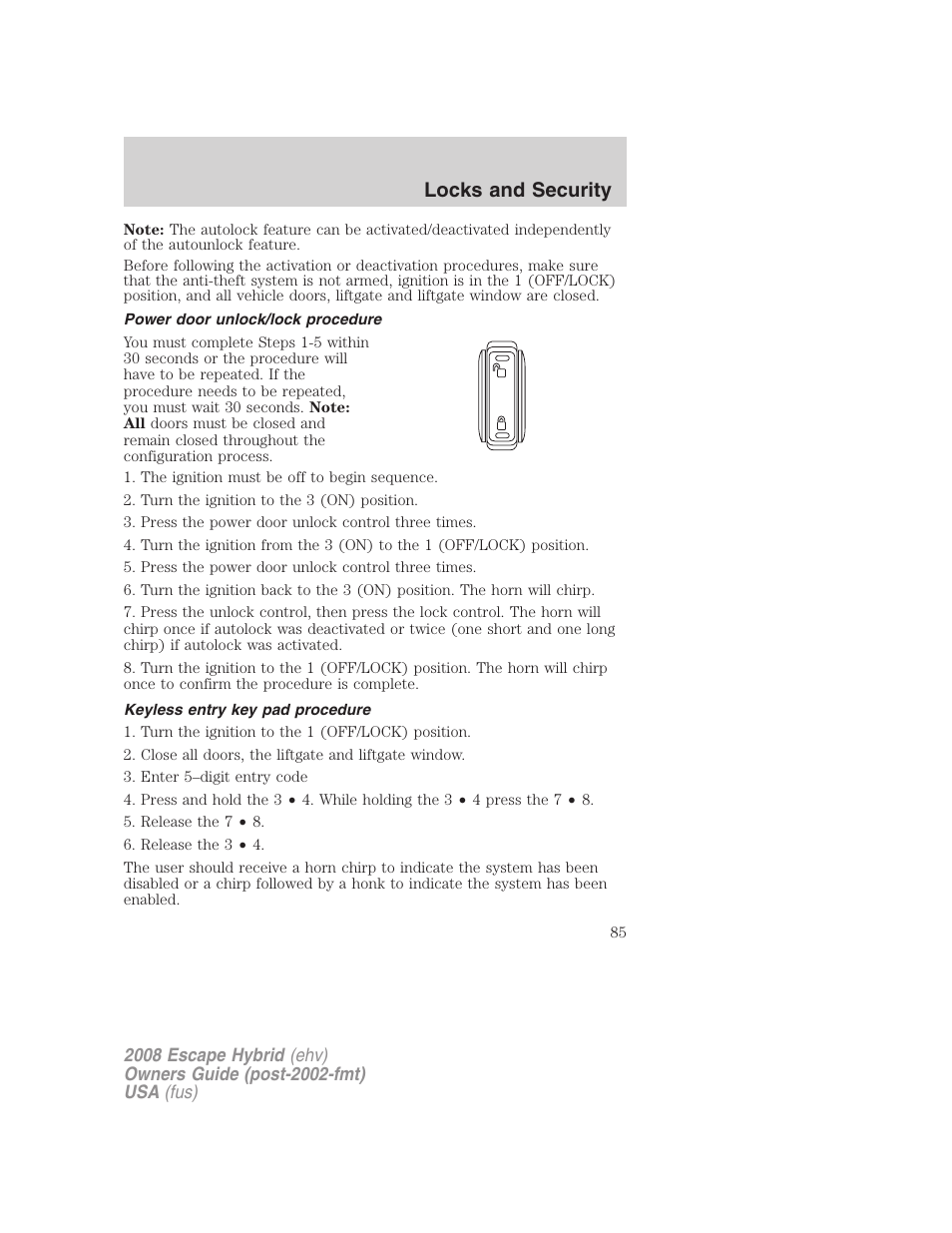 Power door unlock/lock procedure, Keyless entry key pad procedure, Locks and security | FORD 2008 Escape Hybrid v.1 User Manual | Page 85 / 312