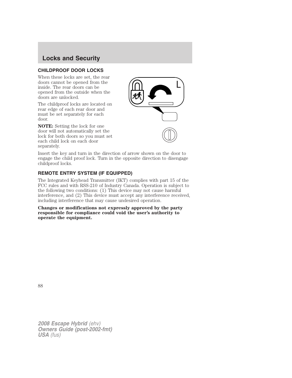 Childproof door locks, Remote entry system (if equipped), Locks and security | FORD 2008 Escape Hybrid v.1 User Manual | Page 88 / 312