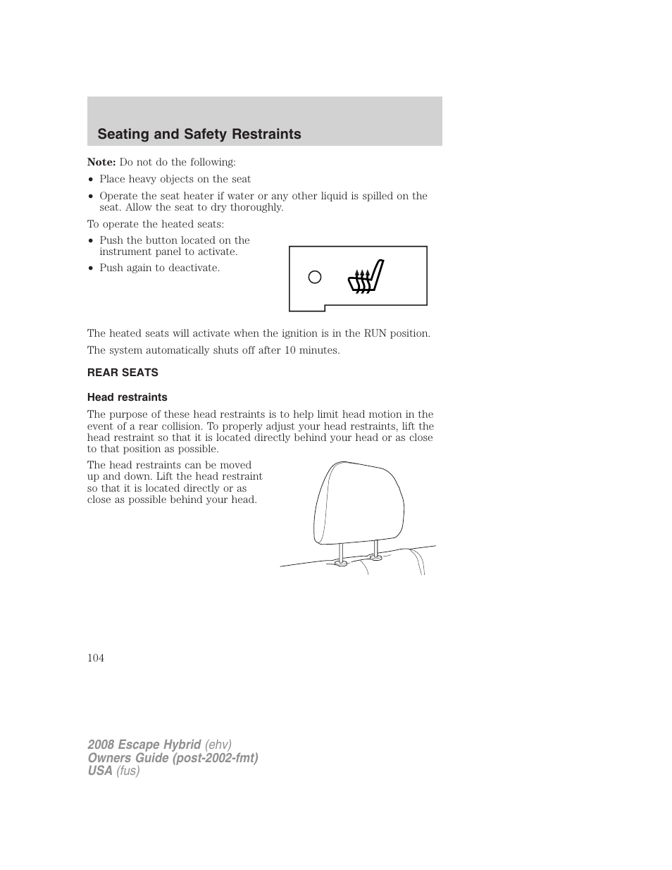 Rear seats, Head restraints, Seating and safety restraints | FORD 2008 Escape Hybrid v.2 User Manual | Page 104 / 320