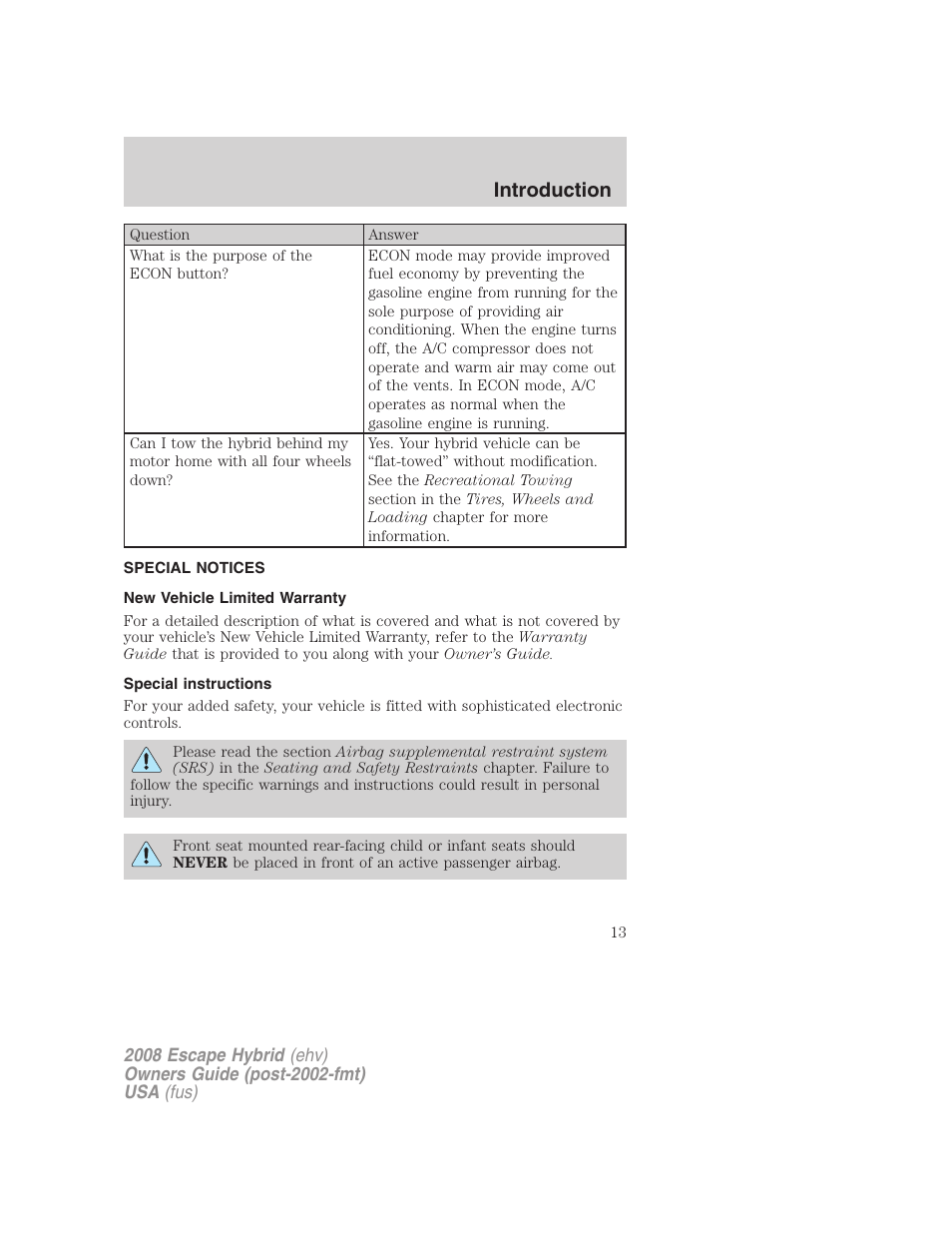 Special notices, New vehicle limited warranty, Special instructions | Introduction | FORD 2008 Escape Hybrid v.2 User Manual | Page 13 / 320