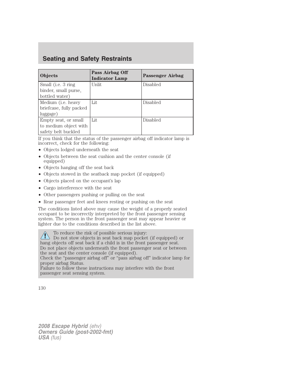 Seating and safety restraints | FORD 2008 Escape Hybrid v.2 User Manual | Page 130 / 320