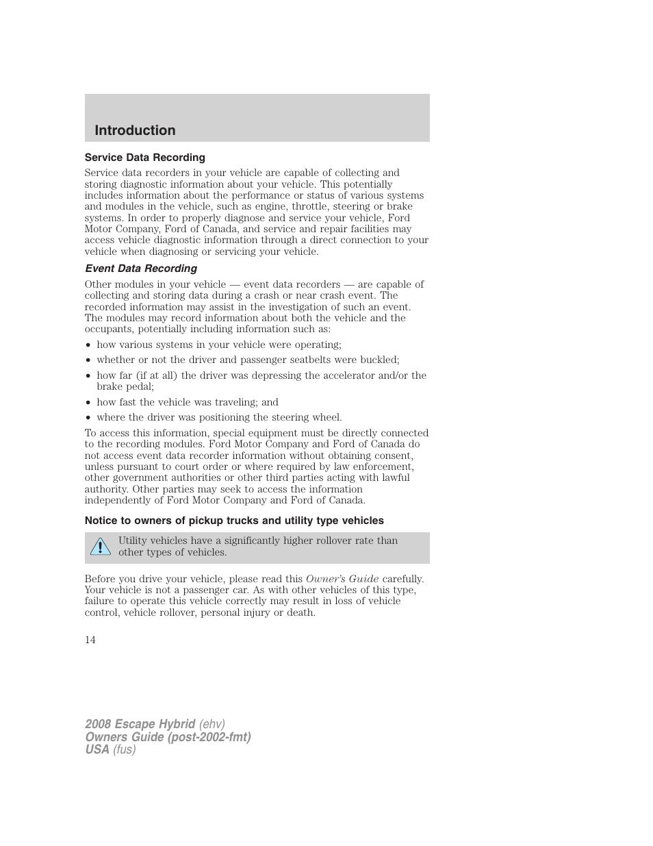 Service data recording, Event data recording, Introduction | FORD 2008 Escape Hybrid v.2 User Manual | Page 14 / 320