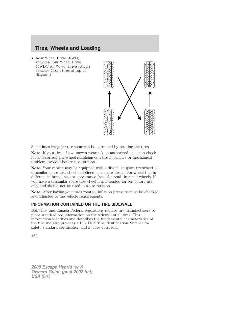 Information contained on the tire sidewall, Tires, wheels and loading | FORD 2008 Escape Hybrid v.2 User Manual | Page 162 / 320