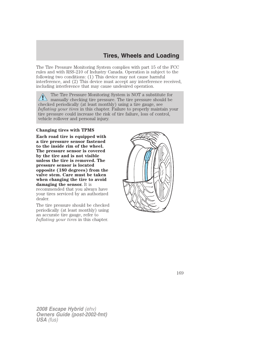 Tires, wheels and loading | FORD 2008 Escape Hybrid v.2 User Manual | Page 169 / 320