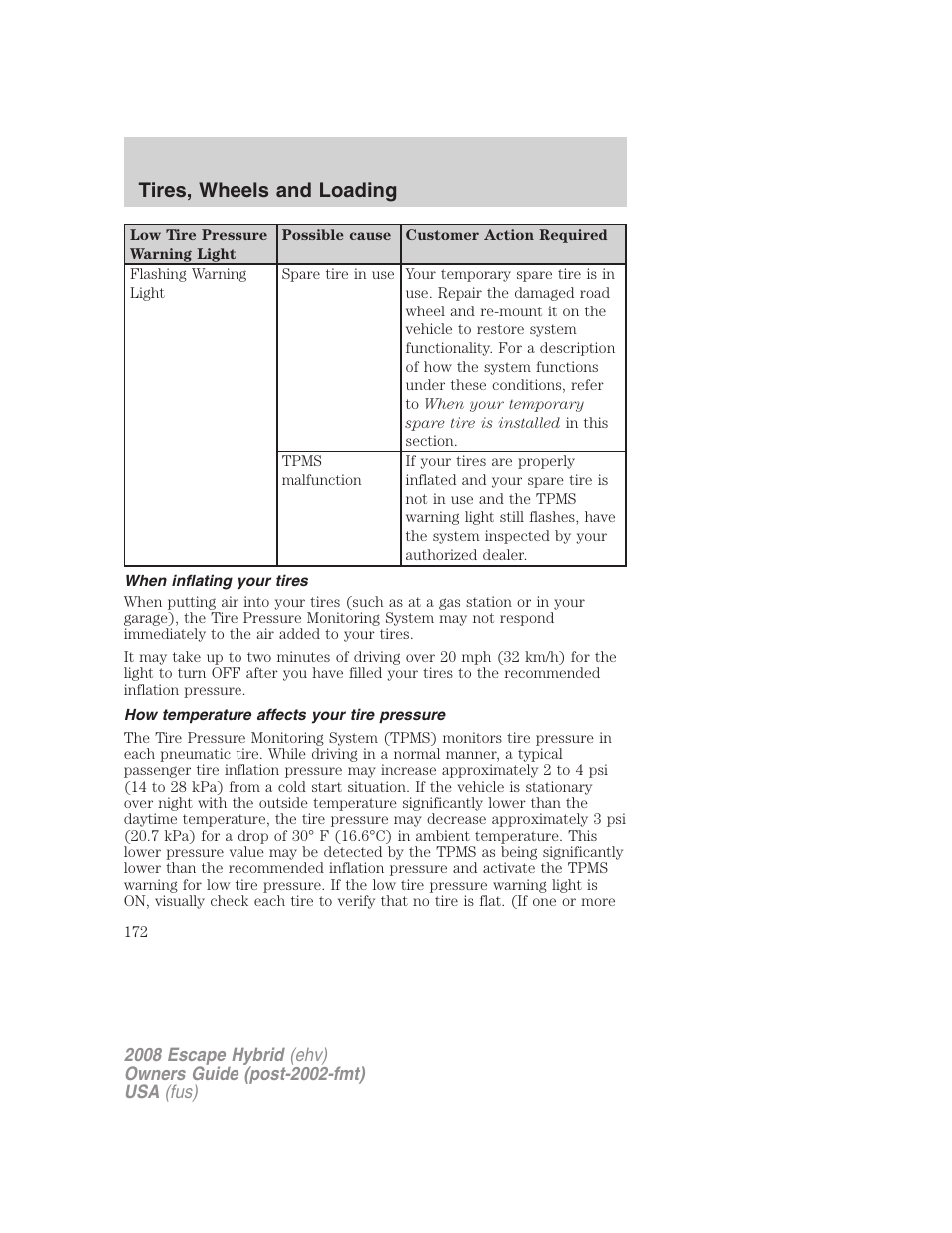When inflating your tires, How temperature affects your tire pressure, Tires, wheels and loading | FORD 2008 Escape Hybrid v.2 User Manual | Page 172 / 320