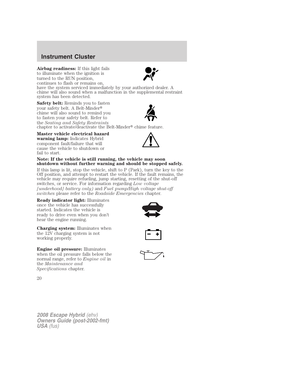 Instrument cluster | FORD 2008 Escape Hybrid v.2 User Manual | Page 20 / 320