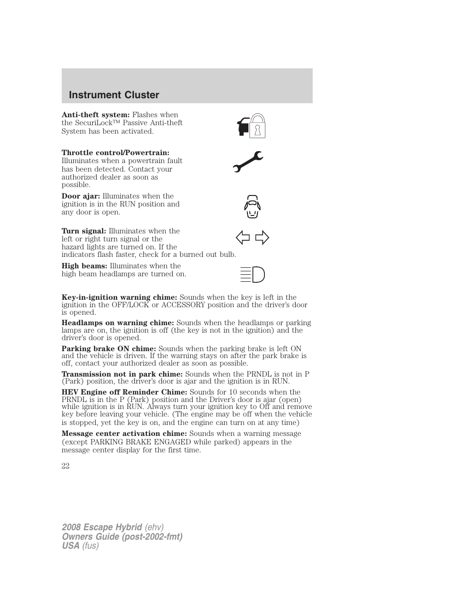 Instrument cluster | FORD 2008 Escape Hybrid v.2 User Manual | Page 22 / 320
