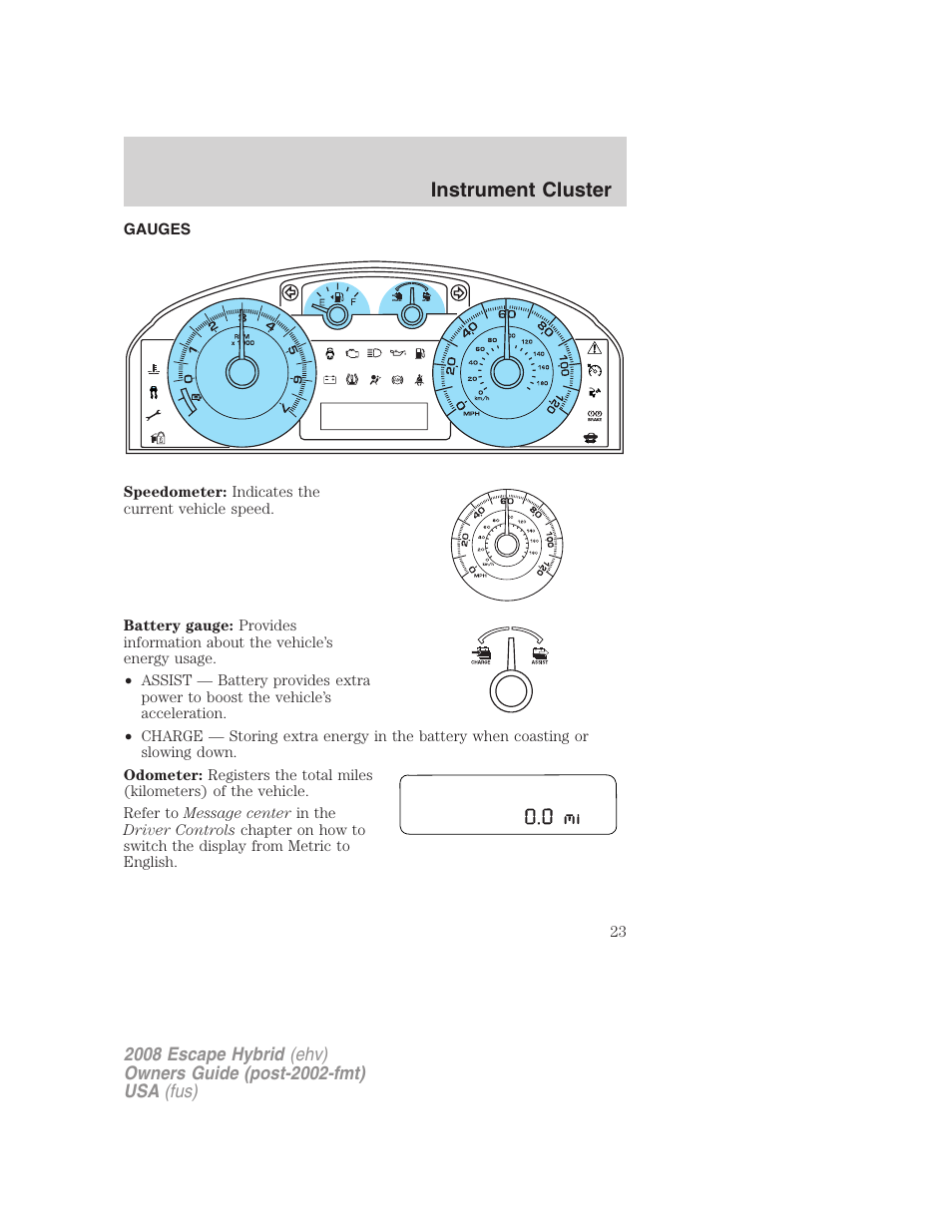 Gauges, Instrument cluster | FORD 2008 Escape Hybrid v.2 User Manual | Page 23 / 320