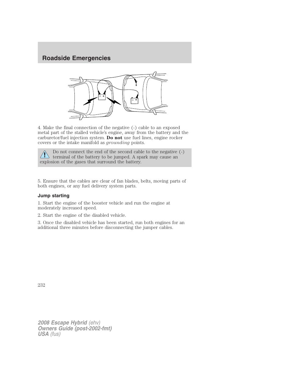 Jump starting, Roadside emergencies | FORD 2008 Escape Hybrid v.2 User Manual | Page 232 / 320