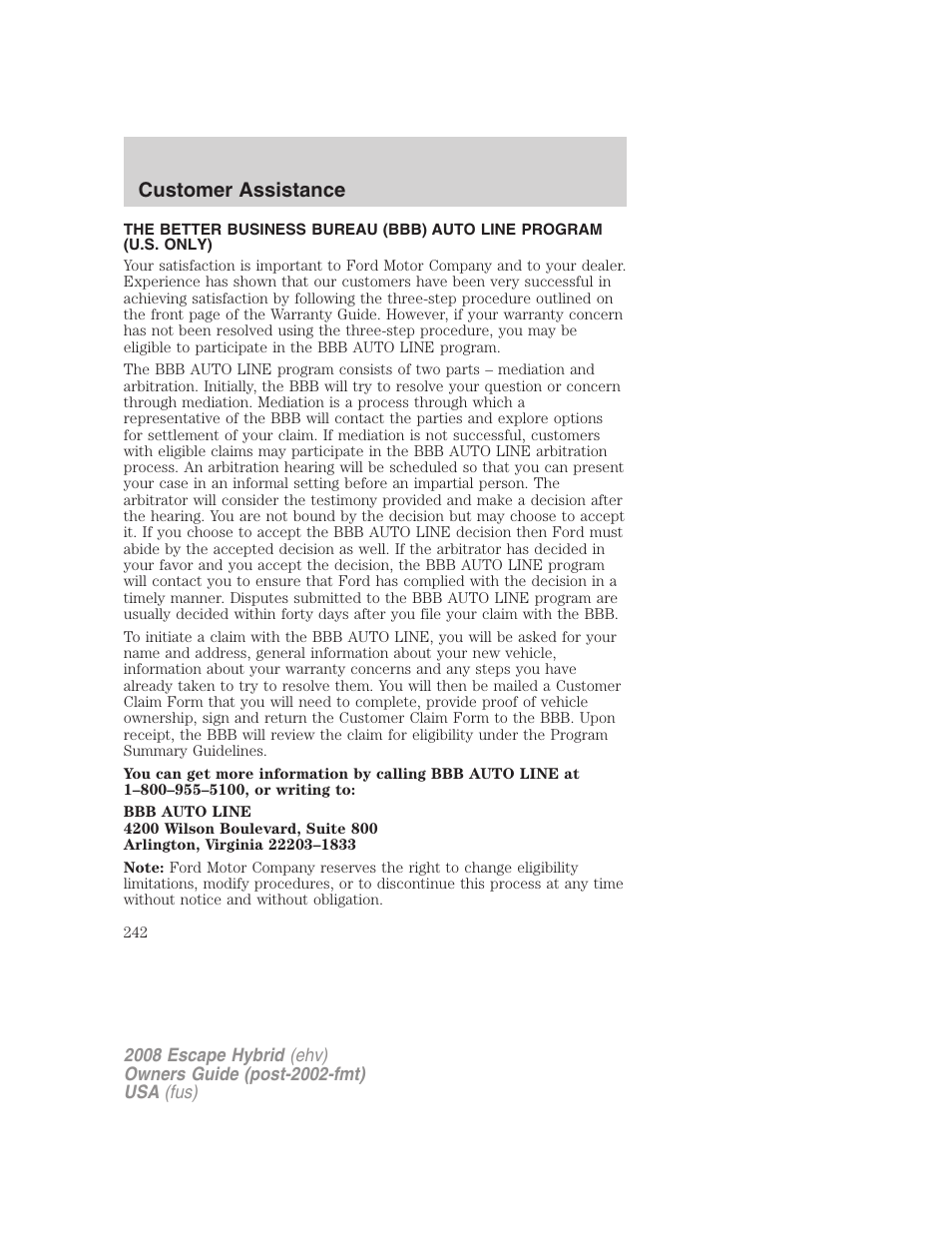 Customer assistance | FORD 2008 Escape Hybrid v.2 User Manual | Page 242 / 320