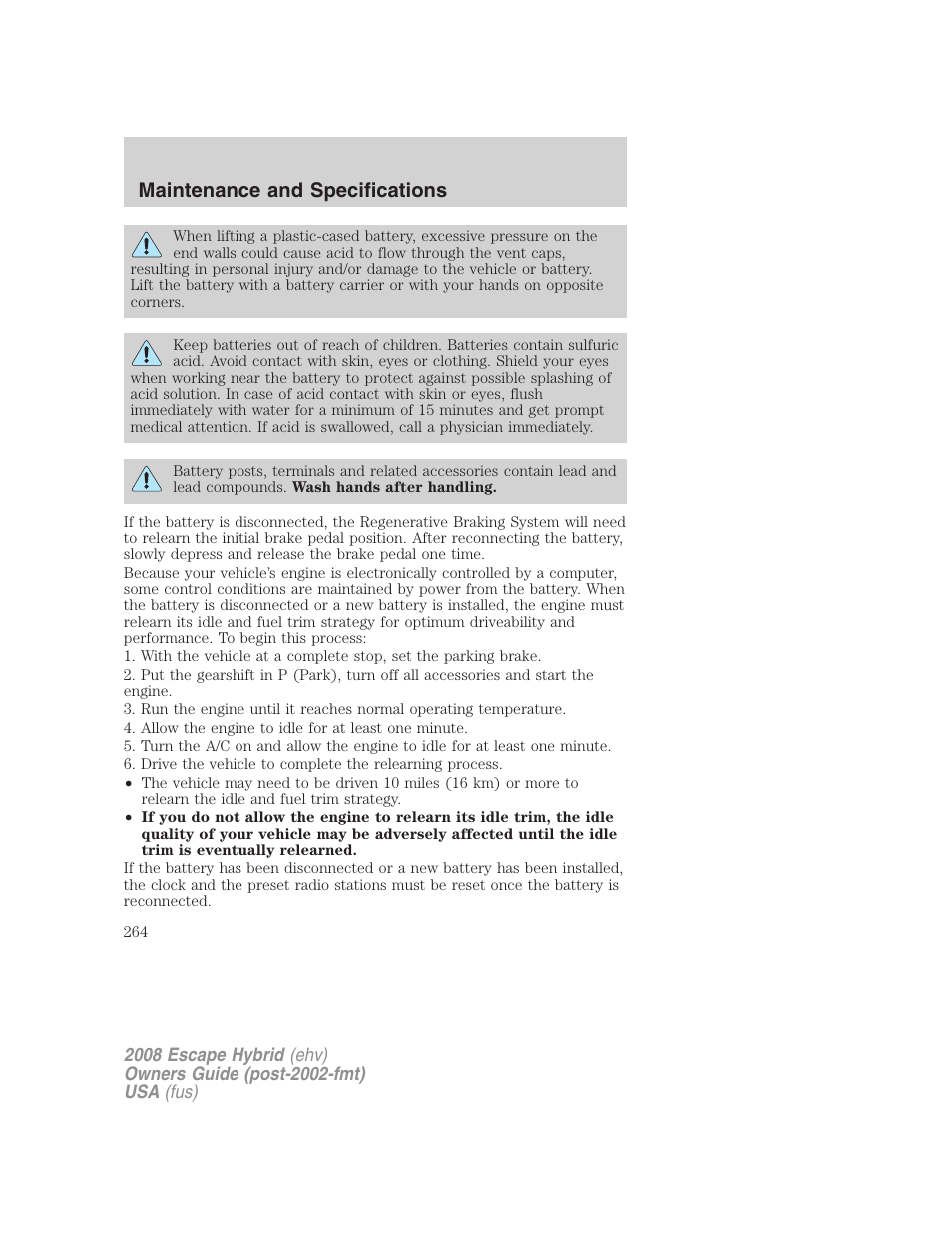 Maintenance and specifications | FORD 2008 Escape Hybrid v.2 User Manual | Page 264 / 320