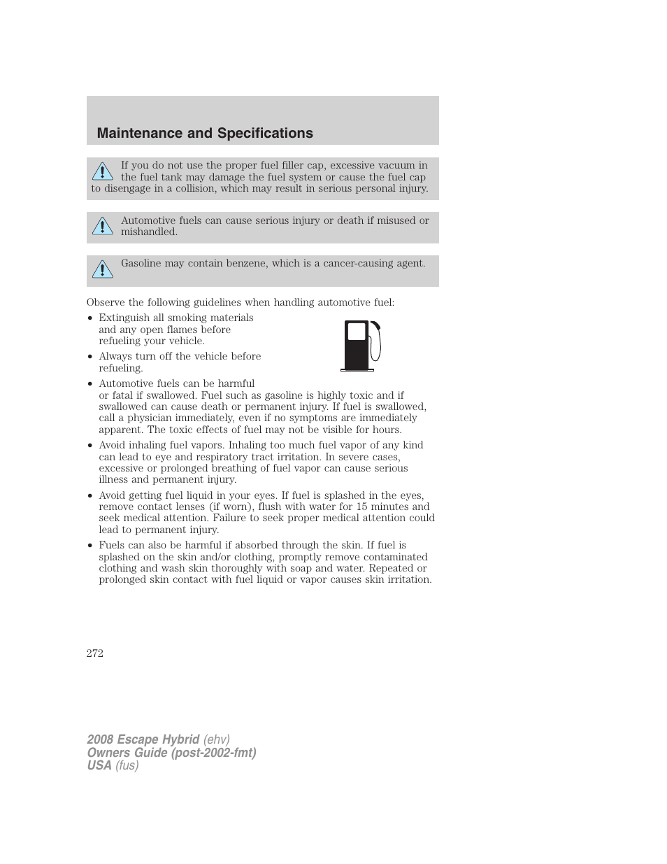 Maintenance and specifications | FORD 2008 Escape Hybrid v.2 User Manual | Page 272 / 320