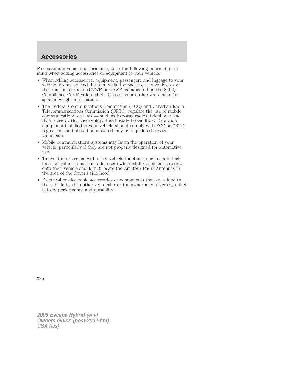 Accessories | FORD 2008 Escape Hybrid v.2 User Manual | Page 296 / 320