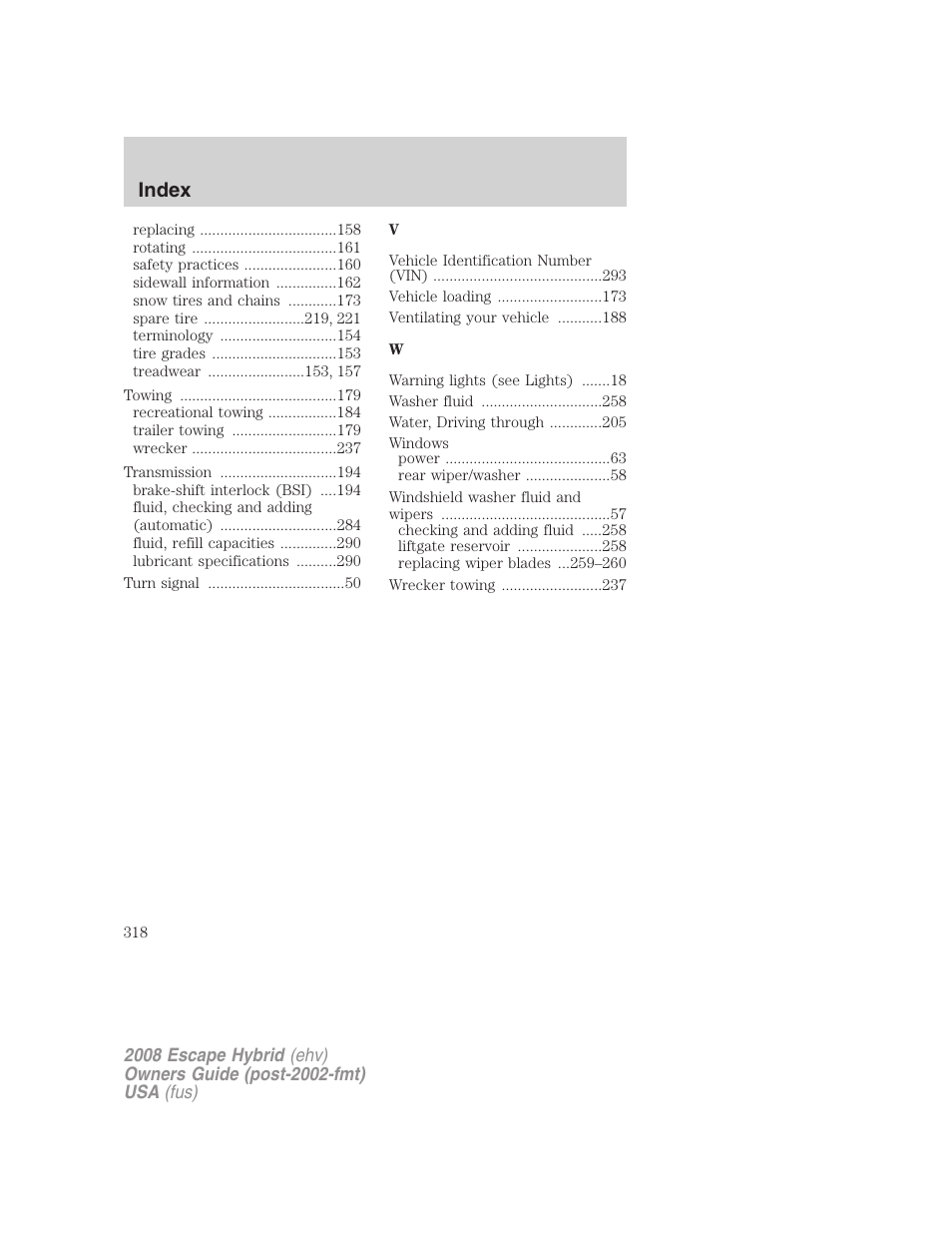 Index | FORD 2008 Escape Hybrid v.2 User Manual | Page 318 / 320