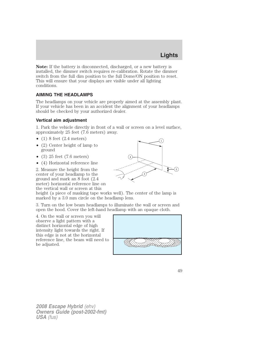 Aiming the headlamps, Vertical aim adjustment, Lights | FORD 2008 Escape Hybrid v.2 User Manual | Page 49 / 320