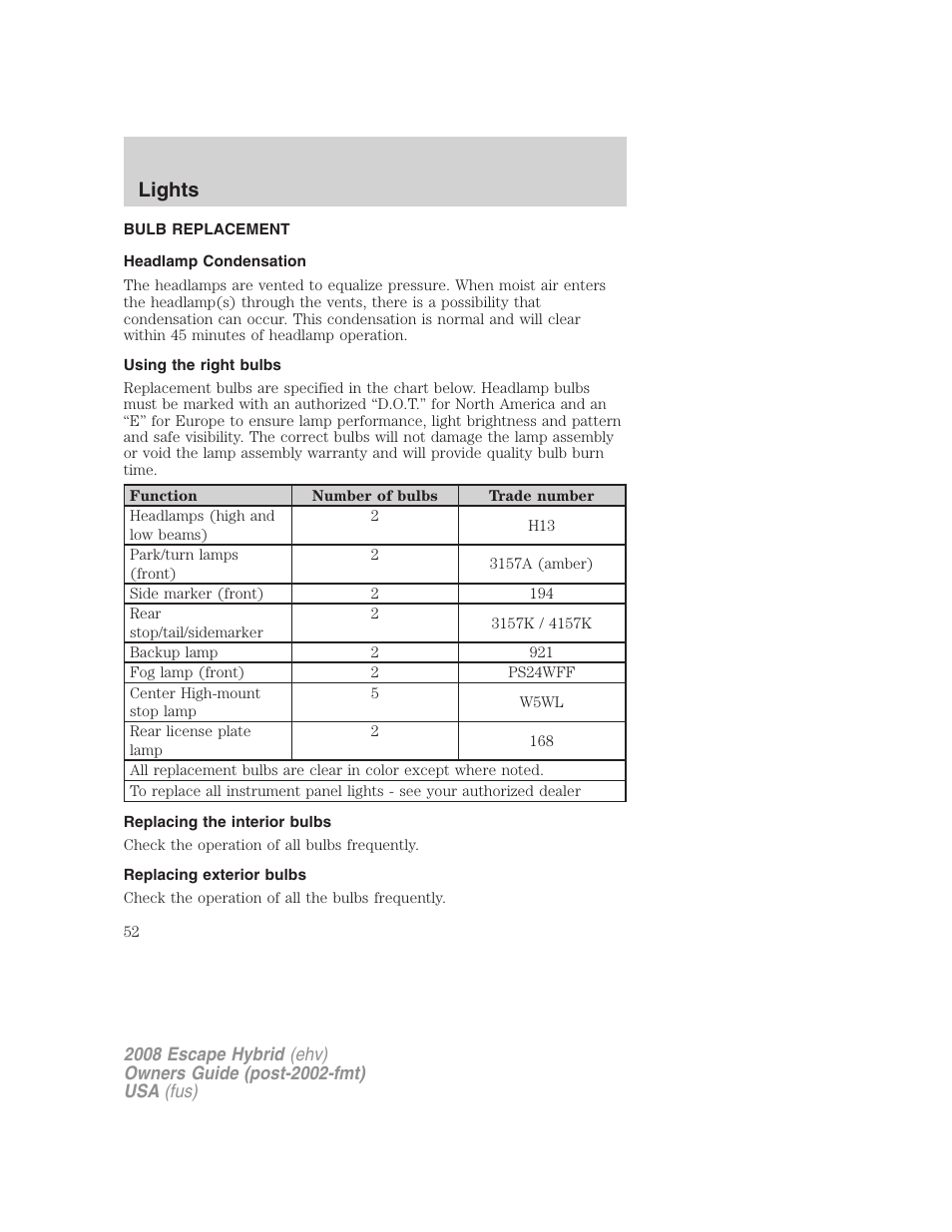 Bulb replacement, Headlamp condensation, Using the right bulbs | Replacing the interior bulbs, Replacing exterior bulbs, Lights | FORD 2008 Escape Hybrid v.2 User Manual | Page 52 / 320