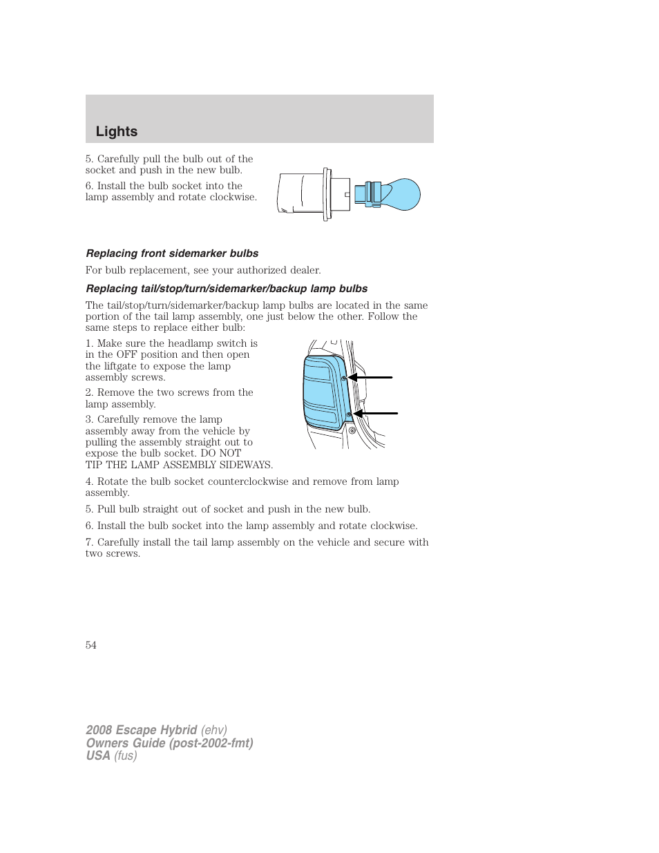 Replacing front sidemarker bulbs, Lights | FORD 2008 Escape Hybrid v.2 User Manual | Page 54 / 320