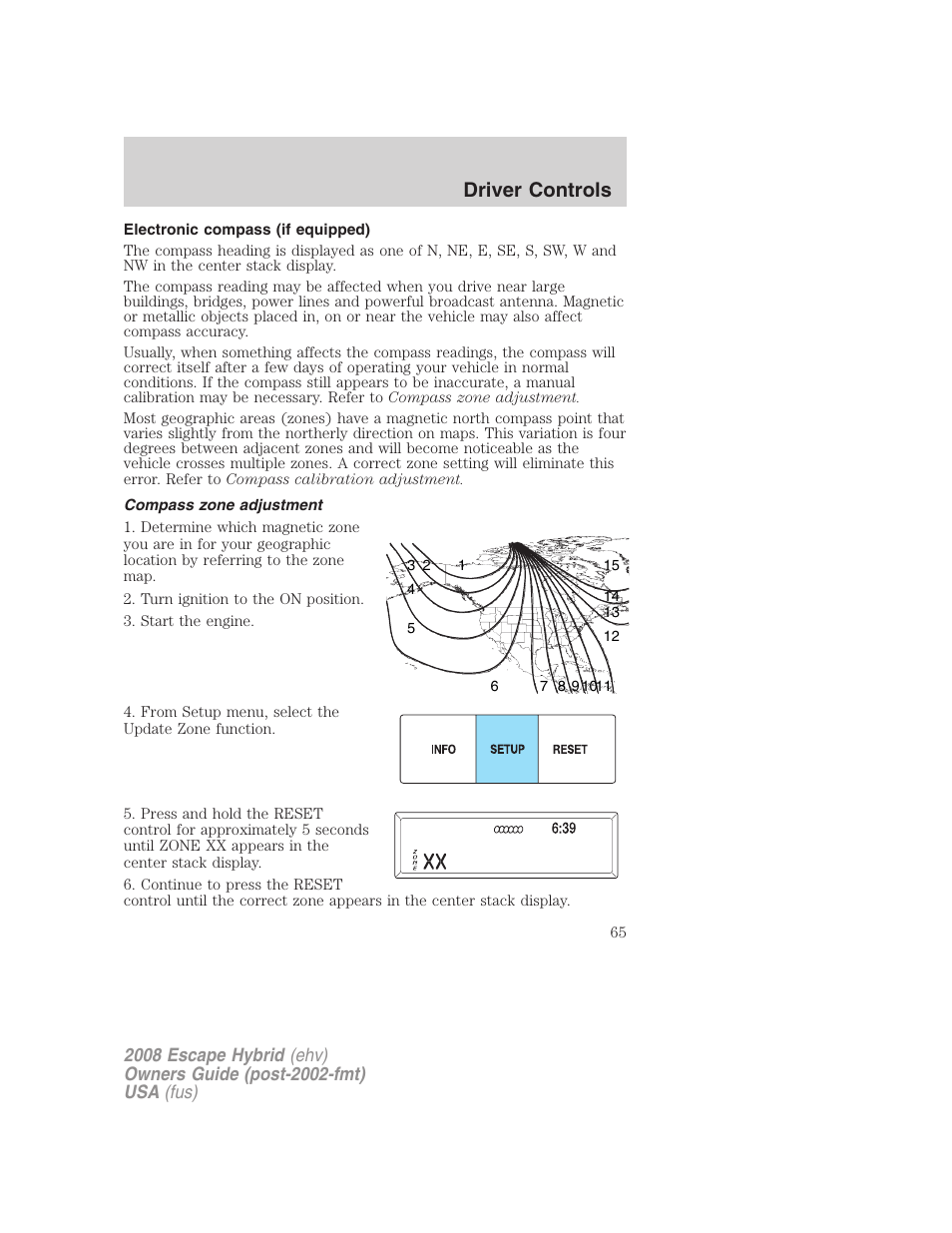 Electronic compass (if equipped), Compass zone adjustment, Driver controls | FORD 2008 Escape Hybrid v.2 User Manual | Page 65 / 320