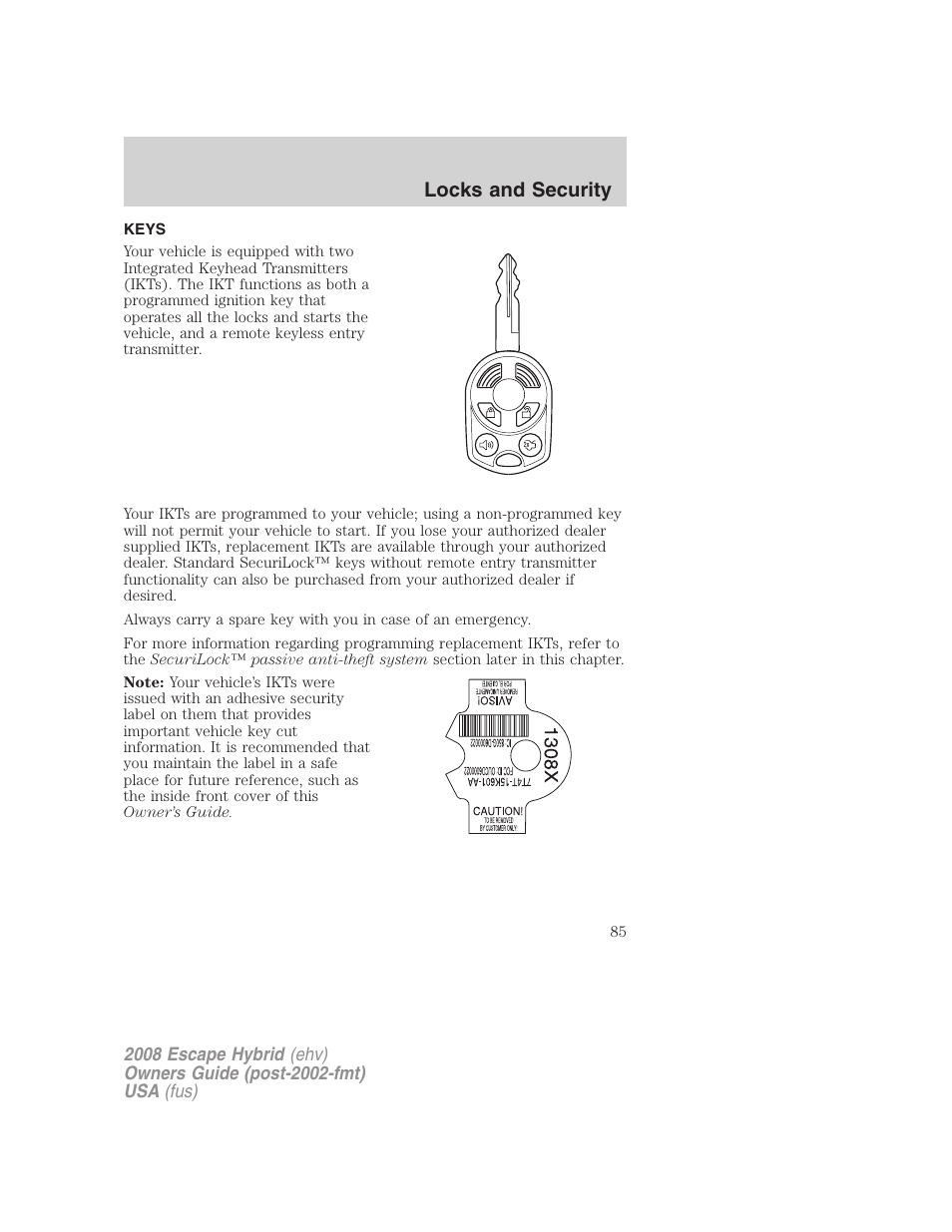 Locks and security, Keys | FORD 2008 Escape Hybrid v.2 User Manual | Page 85 / 320