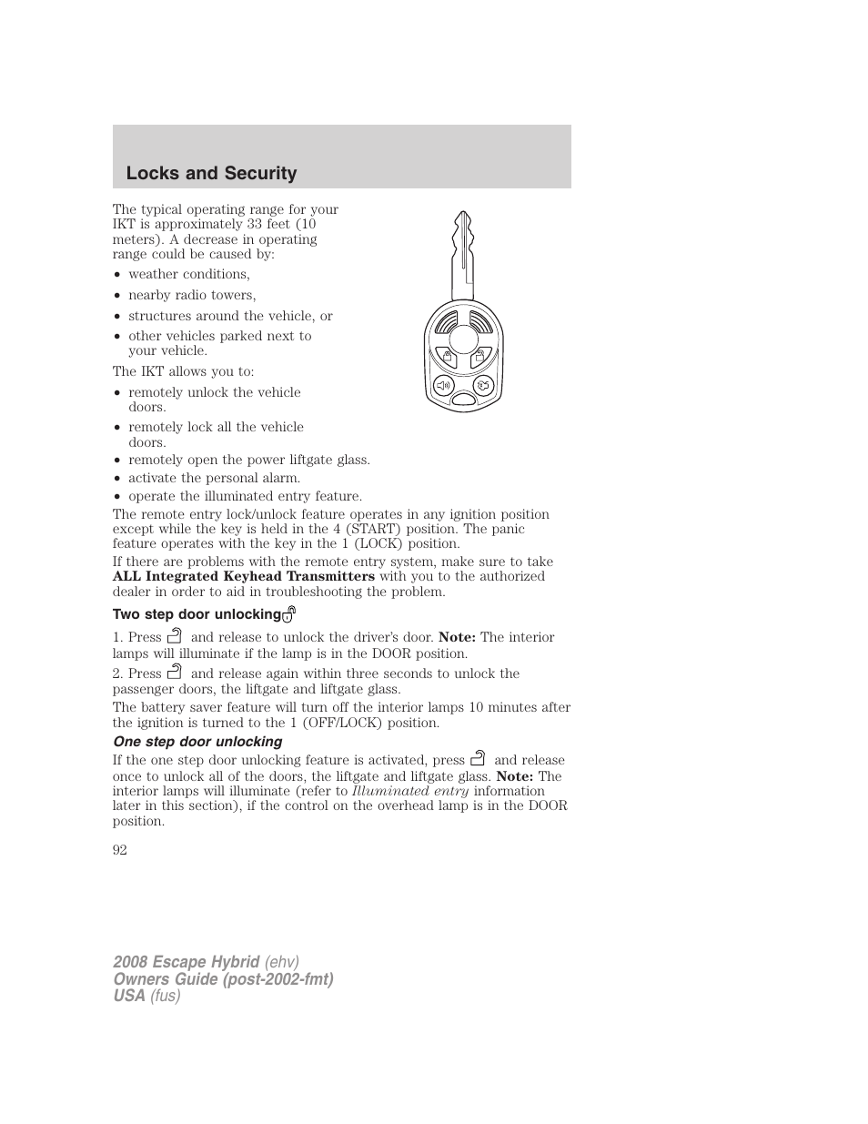 Two step door unlocking, One step door unlocking, Locks and security | FORD 2008 Escape Hybrid v.2 User Manual | Page 92 / 320