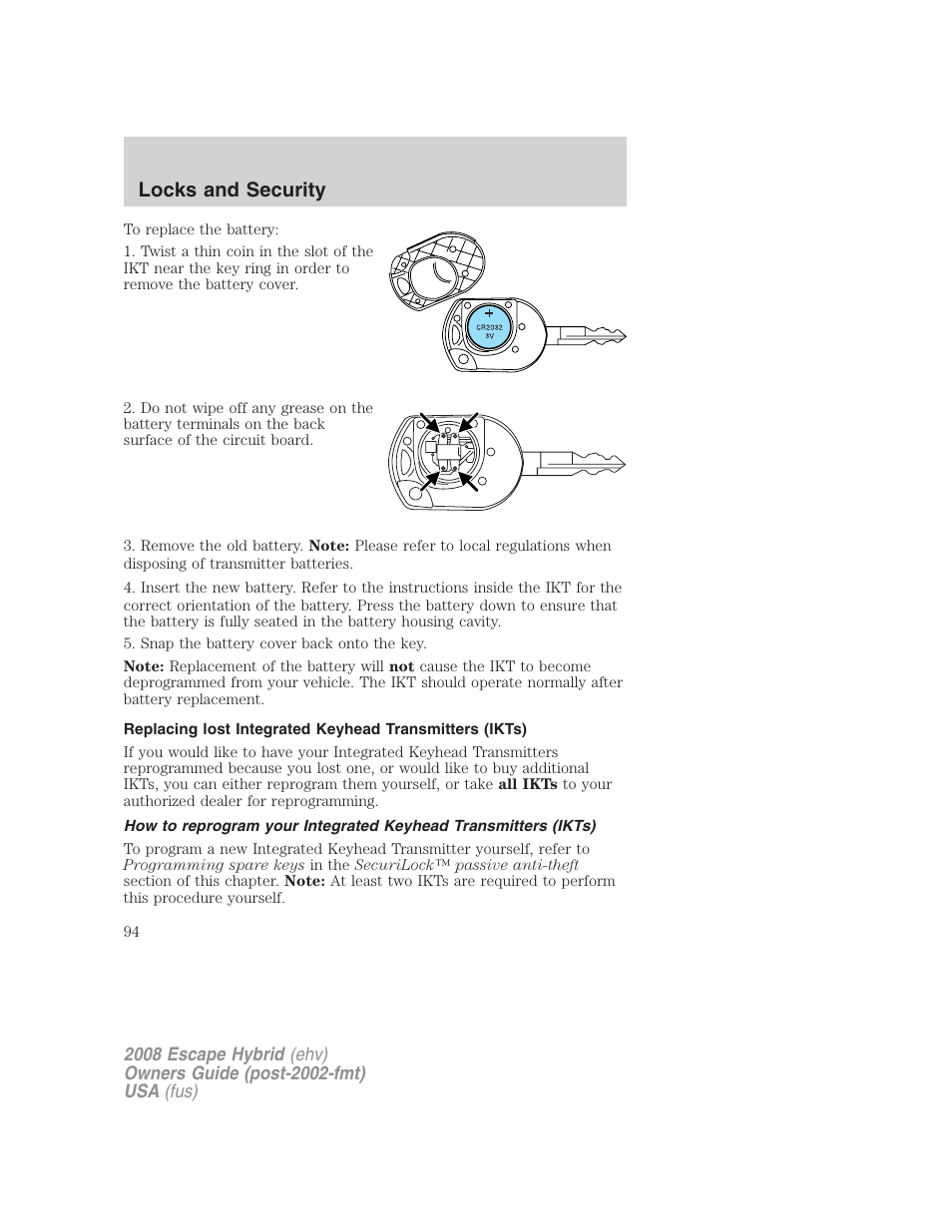 Locks and security | FORD 2008 Escape Hybrid v.2 User Manual | Page 94 / 320