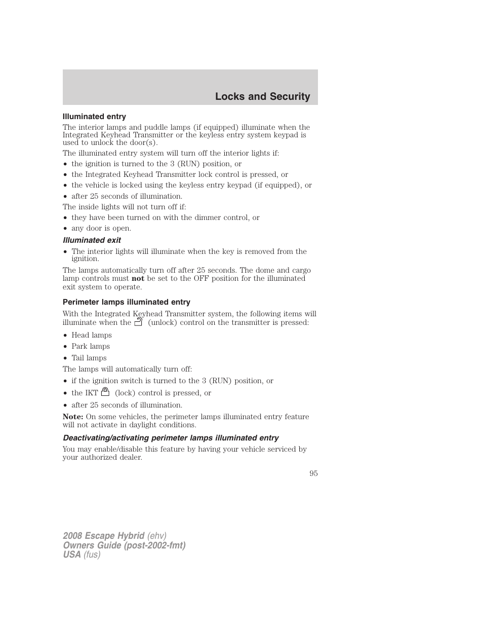 Illuminated entry, Illuminated exit, Perimeter lamps illuminated entry | Locks and security | FORD 2008 Escape Hybrid v.2 User Manual | Page 95 / 320