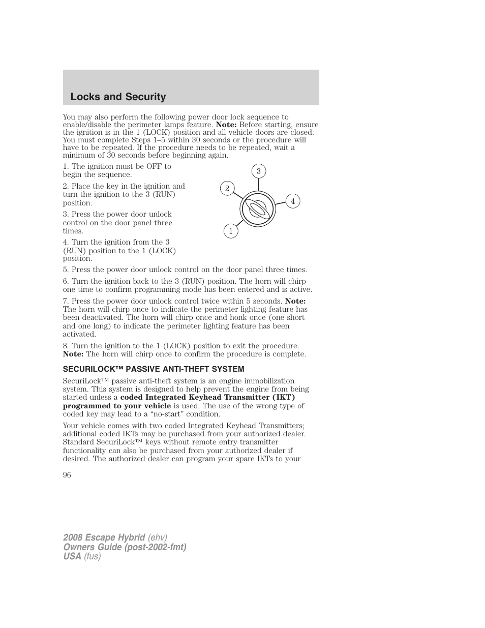 Securilock™ passive anti-theft system, Anti-theft system, Locks and security | FORD 2008 Escape Hybrid v.2 User Manual | Page 96 / 320