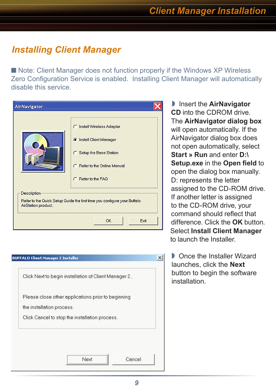 Installing client manager, Client manager installation | Buffalo Technology AIRSTATION WLI-CB-G54S User Manual | Page 9 / 12