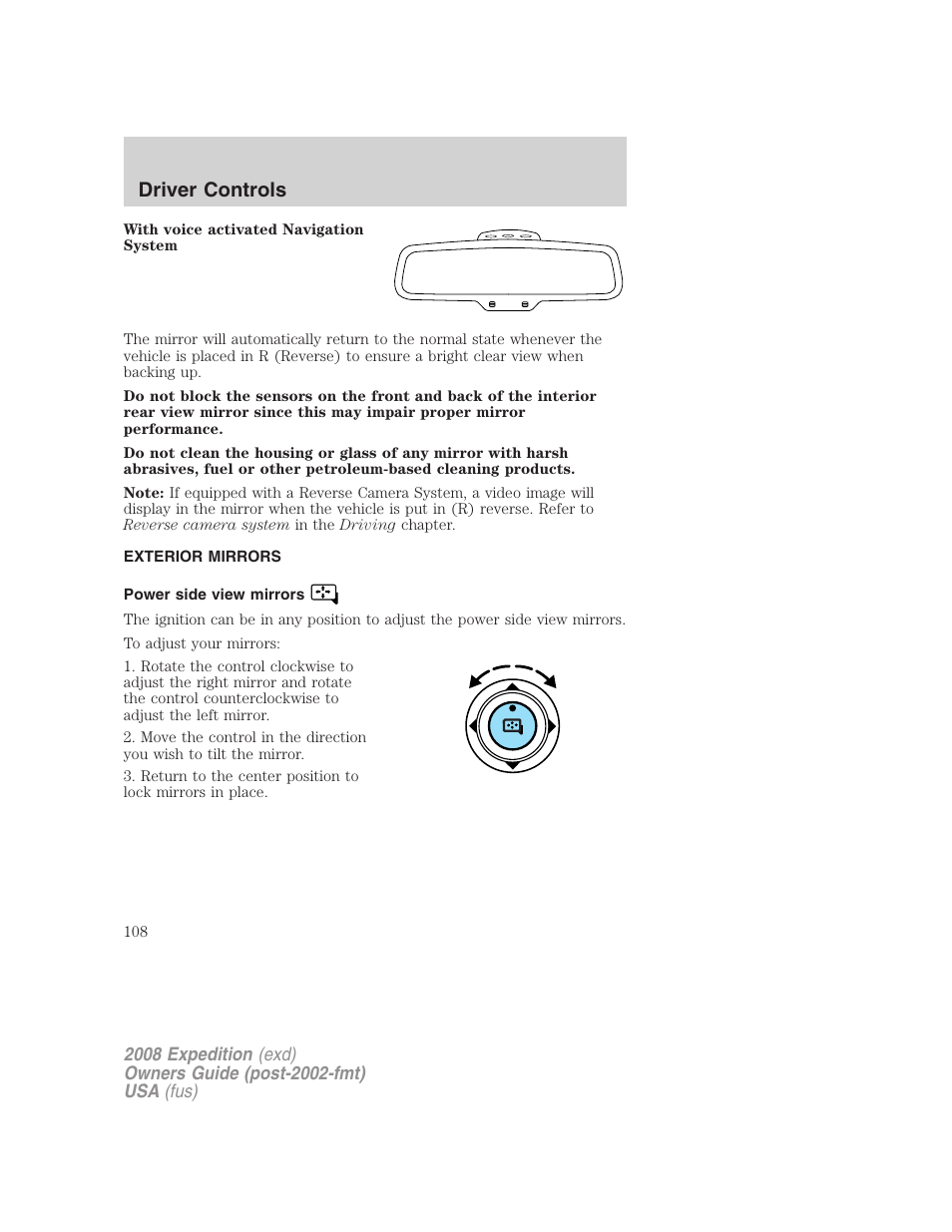 Exterior mirrors, Power side view mirrors, Driver controls | FORD 2008 Expedition v.1 User Manual | Page 108 / 392