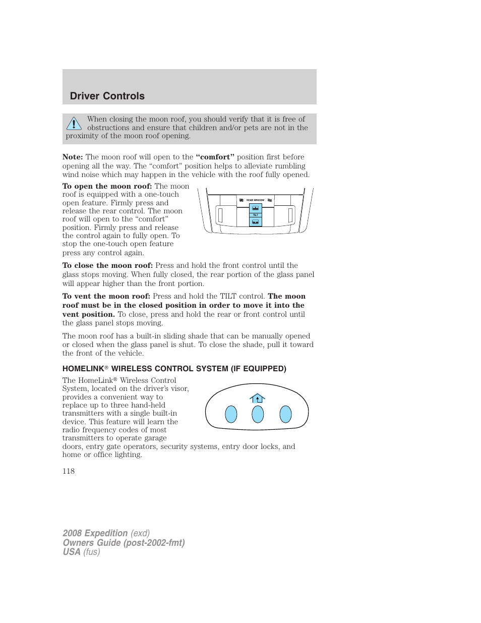 Homelink wireless control system (if equipped), Driver controls | FORD 2008 Expedition v.1 User Manual | Page 118 / 392