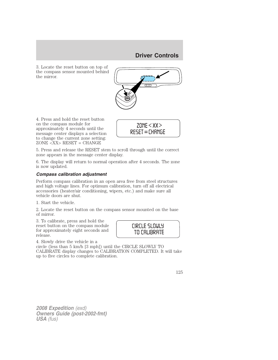 Compass calibration adjustment, Driver controls | FORD 2008 Expedition v.1 User Manual | Page 125 / 392