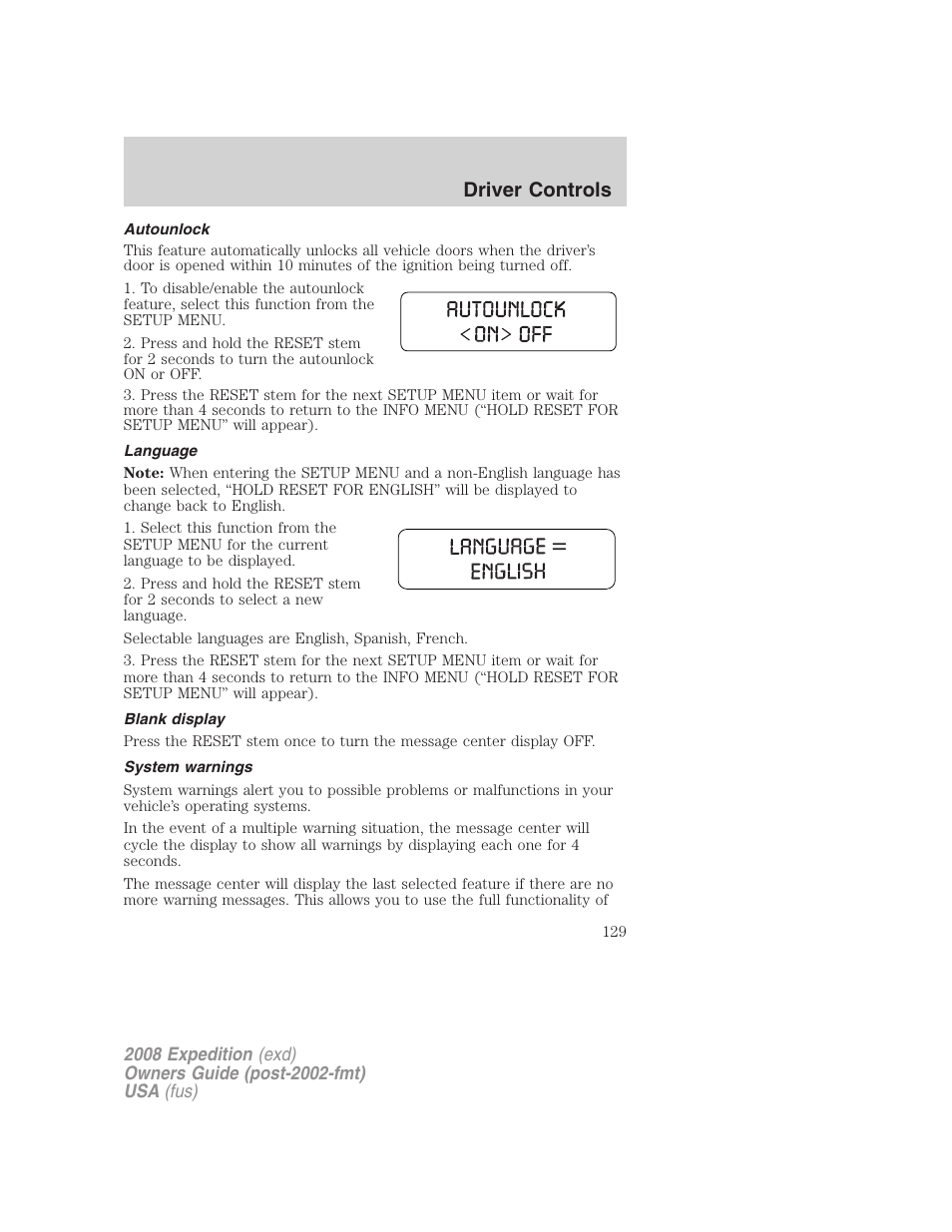 Autounlock, Language, Blank display | System warnings, Driver controls | FORD 2008 Expedition v.1 User Manual | Page 129 / 392