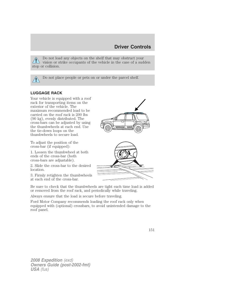 Luggage rack, Driver controls | FORD 2008 Expedition v.1 User Manual | Page 151 / 392