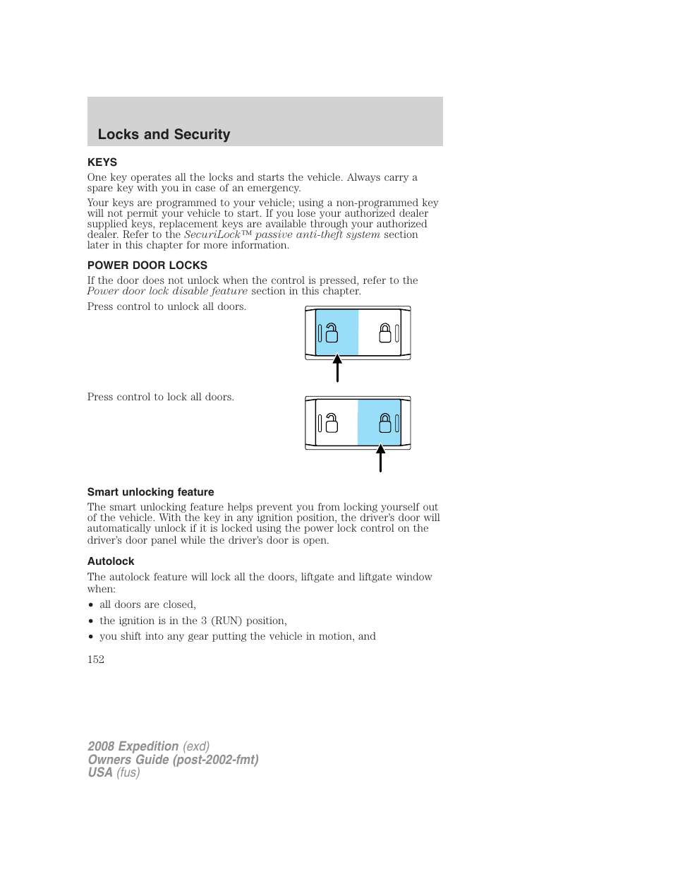 Locks and security, Keys, Power door locks | Smart unlocking feature, Autolock, Locks | FORD 2008 Expedition v.1 User Manual | Page 152 / 392