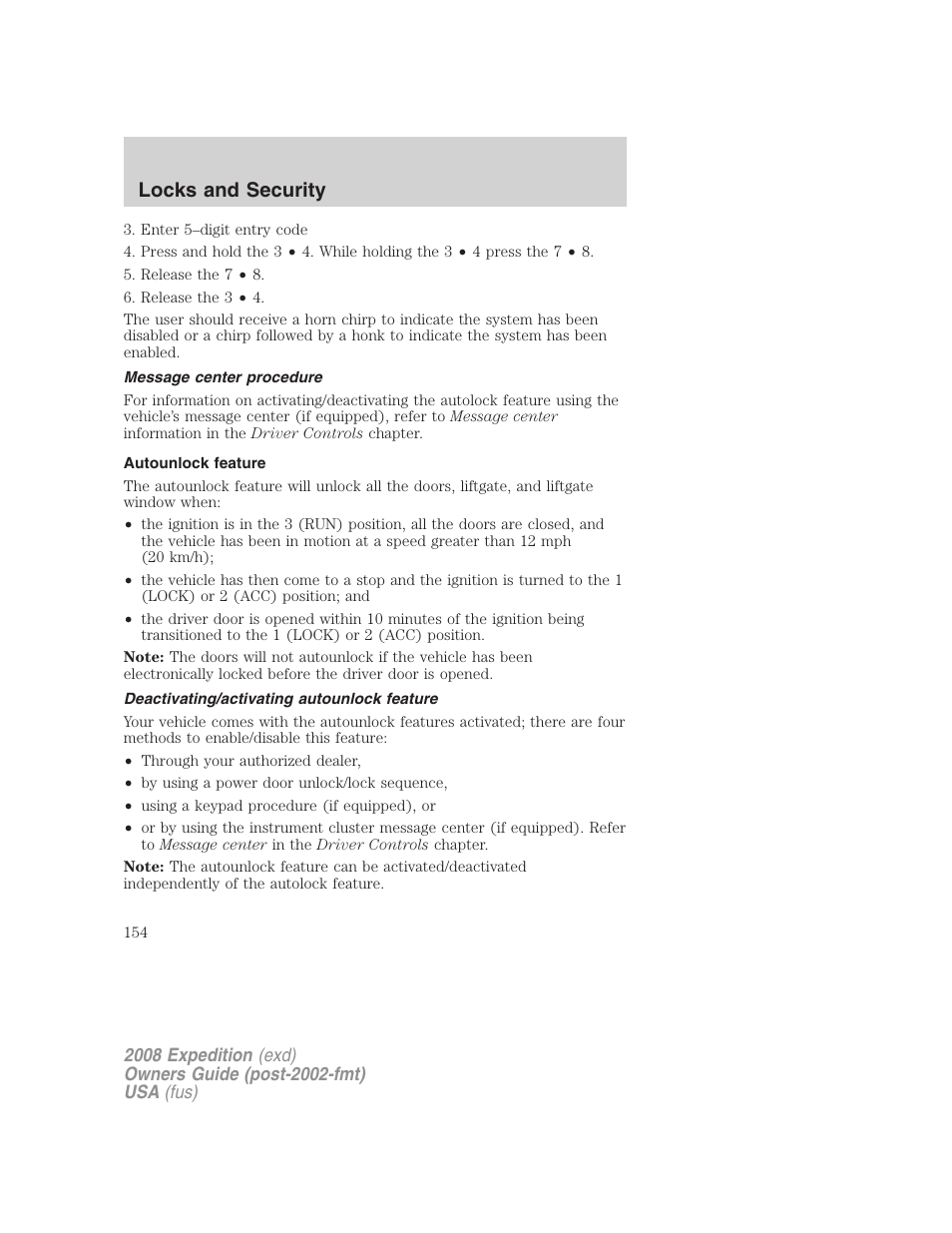 Message center procedure, Autounlock feature, Deactivating/activating autounlock feature | Locks and security | FORD 2008 Expedition v.1 User Manual | Page 154 / 392