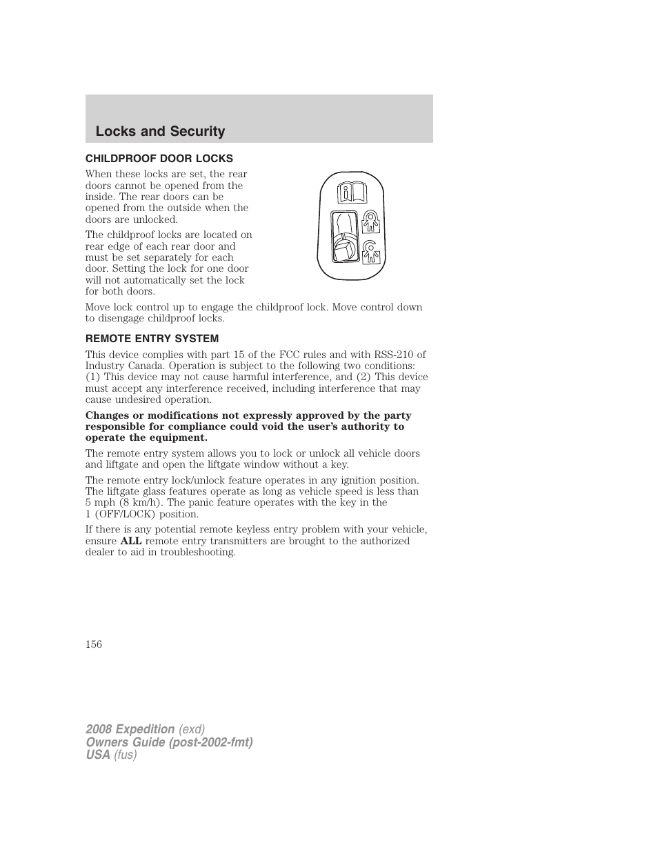 Childproof door locks, Remote entry system, Locks and security | FORD 2008 Expedition v.1 User Manual | Page 156 / 392