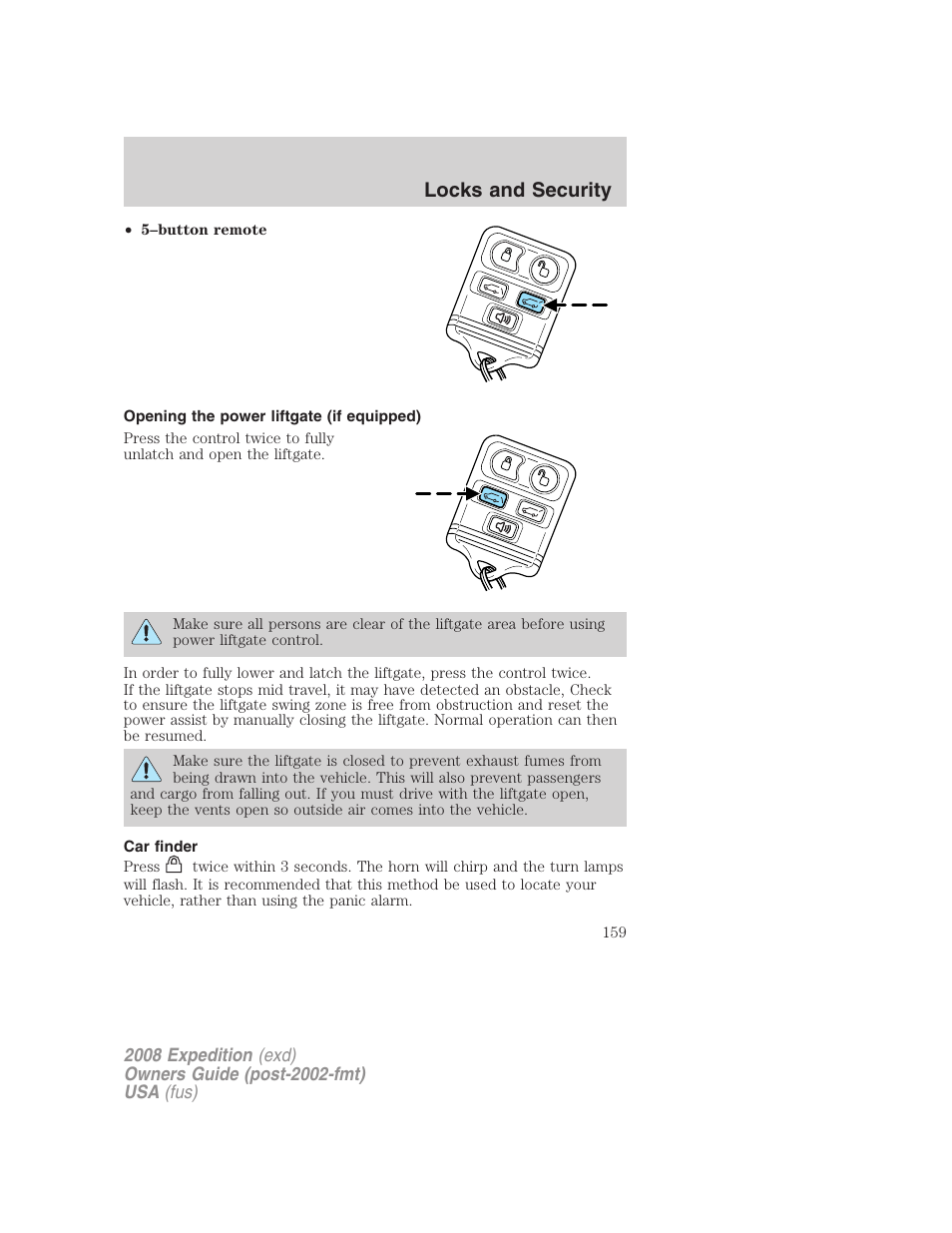 Opening the power liftgate (if equipped), Car finder, Locks and security | FORD 2008 Expedition v.1 User Manual | Page 159 / 392